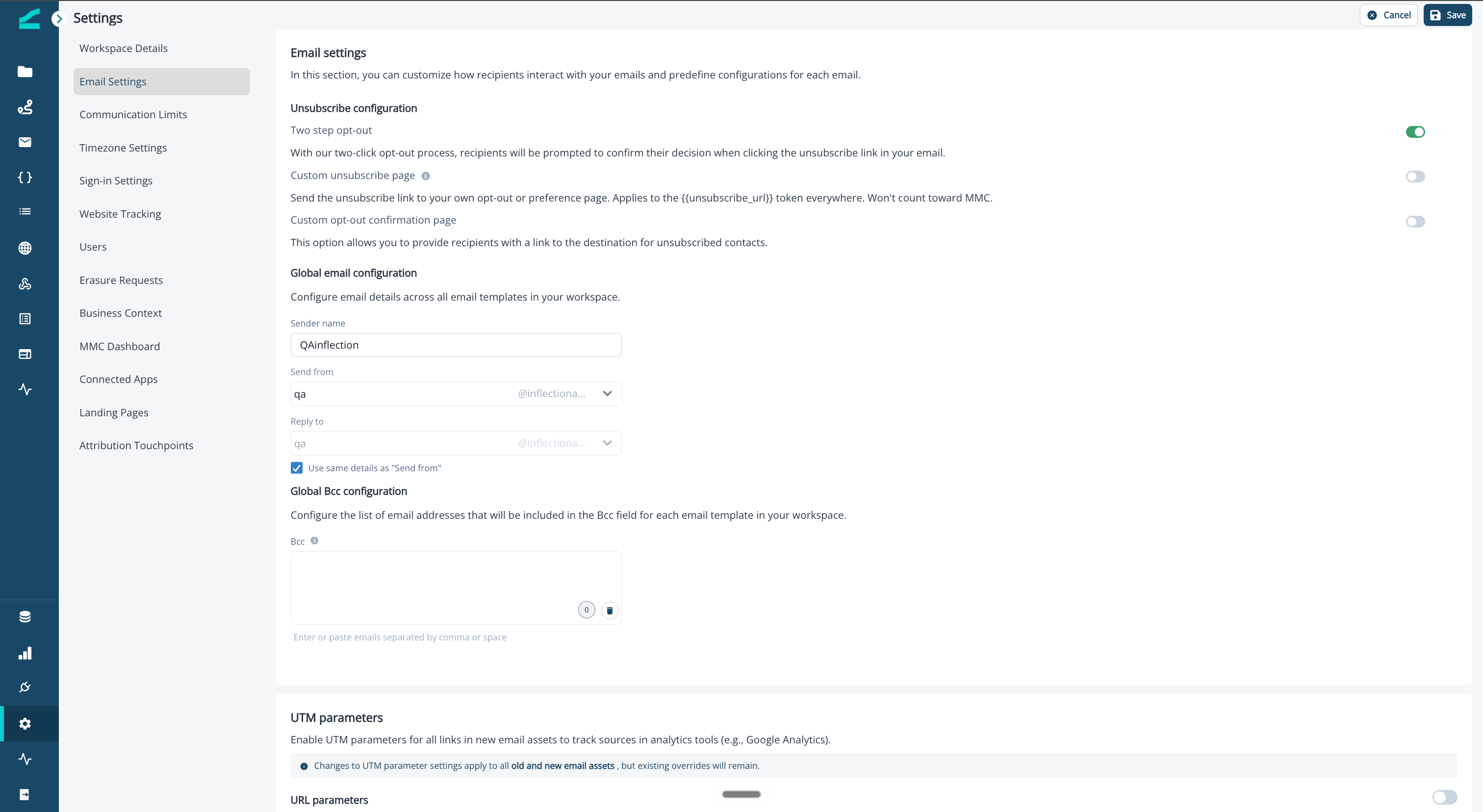 Unsubscribe configuration in Email Settings showing the Two step opt-out, Custom unsubscribe page, and Custom opt-out confirmation page toggles