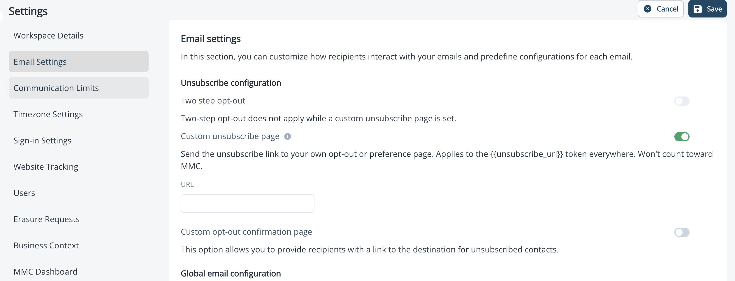 Unsubscribe configuration in Email Settings with Custom unsubscribe page switched on and the URL field