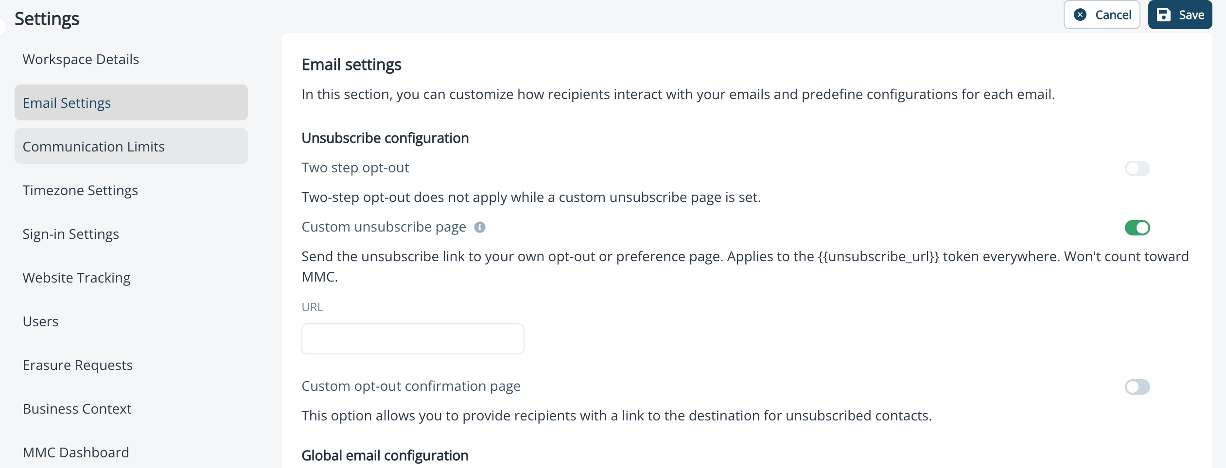 Unsubscribe configuration in Email Settings with Custom unsubscribe page switched on and the URL field