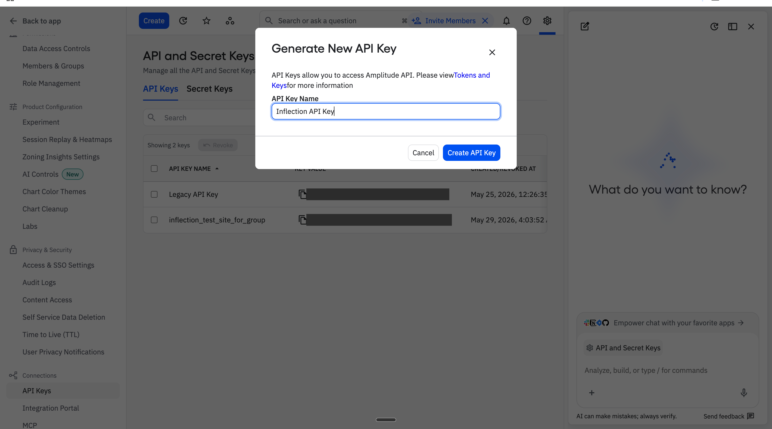 Generate a new API key in Amplitude under Settings and API Keys