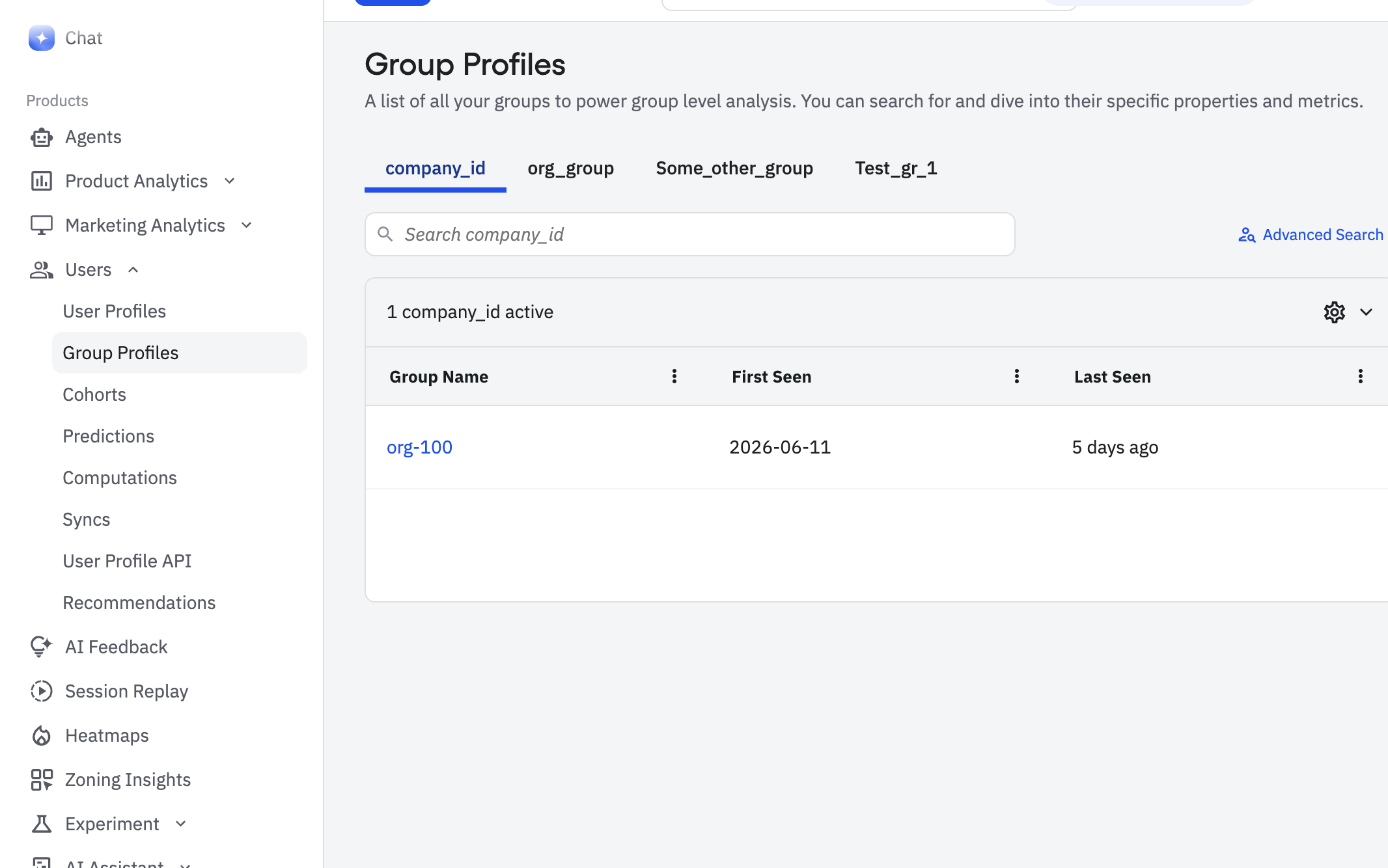Amplitude Group Profiles tab showing the available group profile names