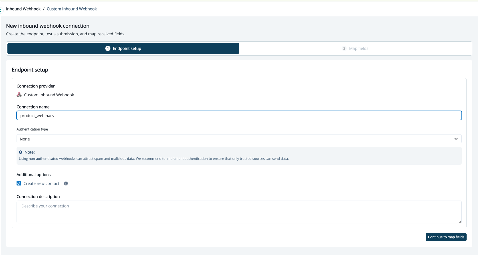 The two-step creation flow with the Connection provider panel and the Endpoint setup and Map fields step indicator