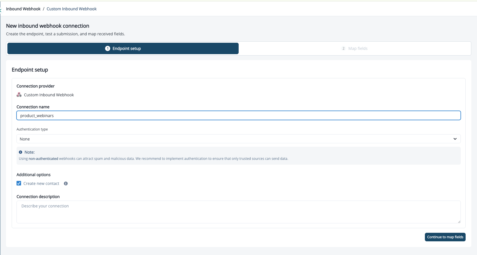 The two-step creation flow with the Connection provider panel and the Endpoint setup and Map fields step indicator
