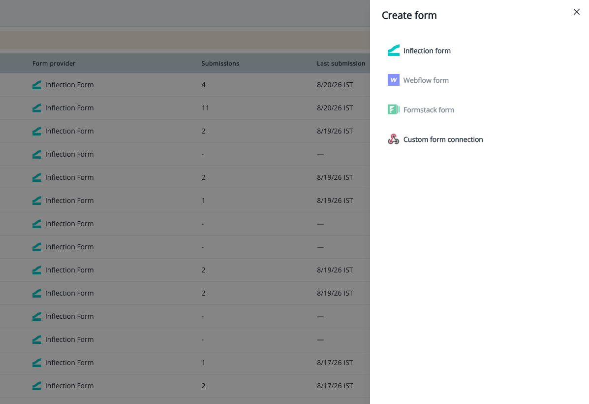 The Create form drawer showing the Inflection form, Webflow form, Formstack form, and Custom form connection options