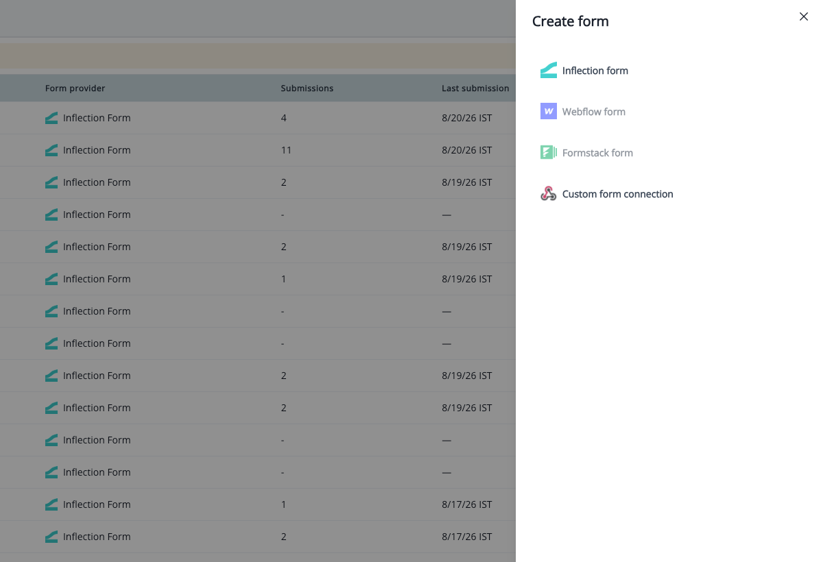 The Create form drawer showing the Inflection form, Webflow form, Formstack form, and Custom form connection options