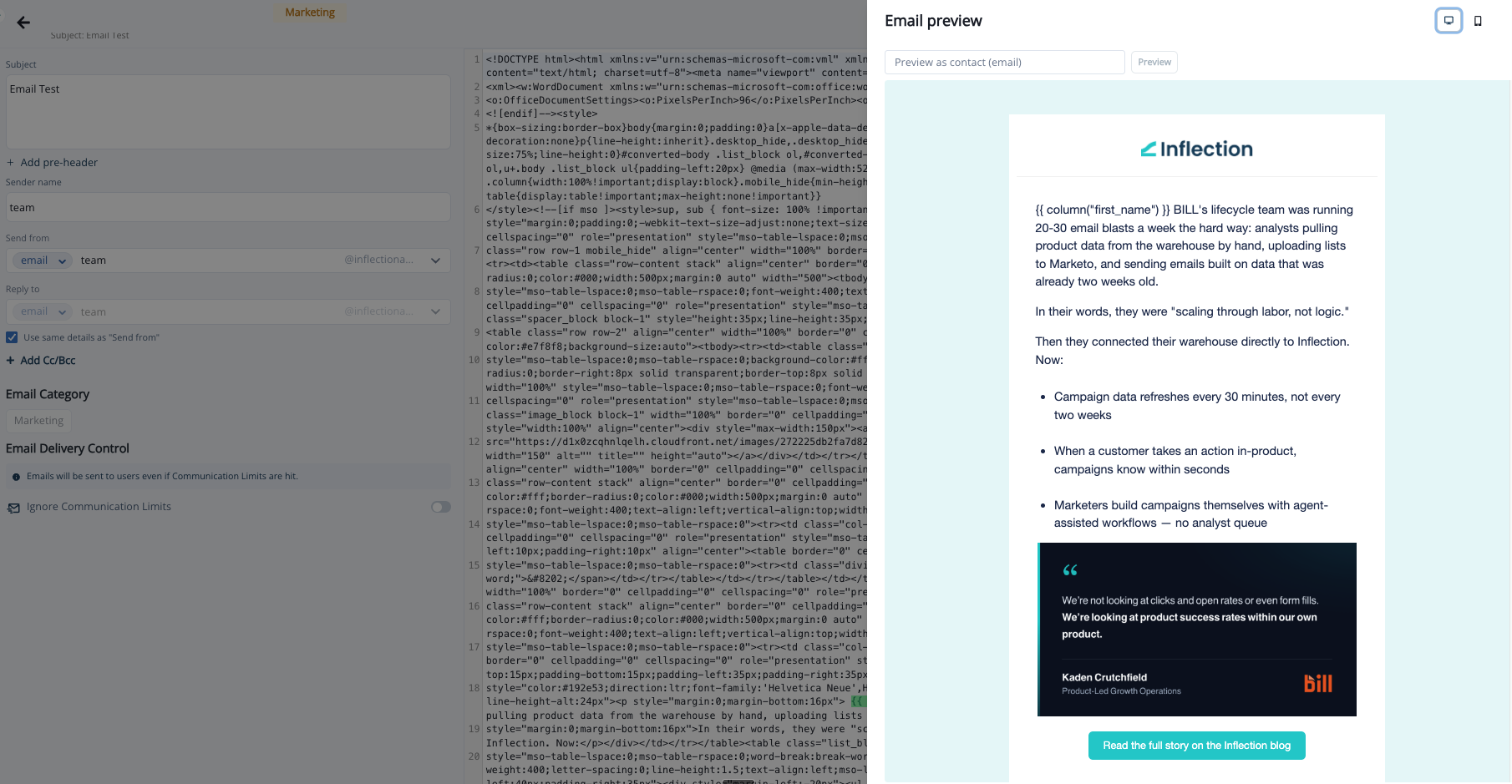 Email preview drawer rendering an HTML email with the Preview as contact field