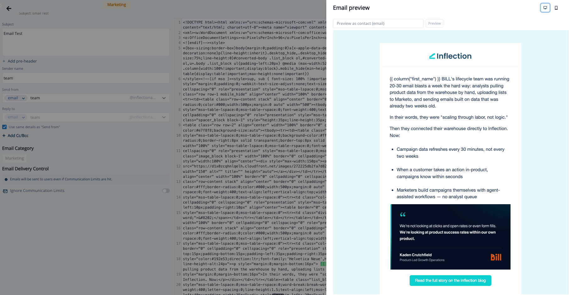 Email preview drawer rendering an HTML email with the Preview as contact field