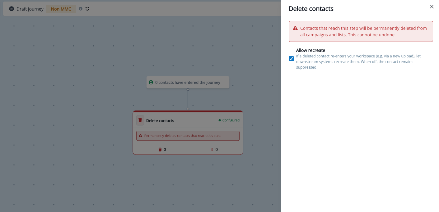 Delete contacts configuration drawer with the Allow recreate option