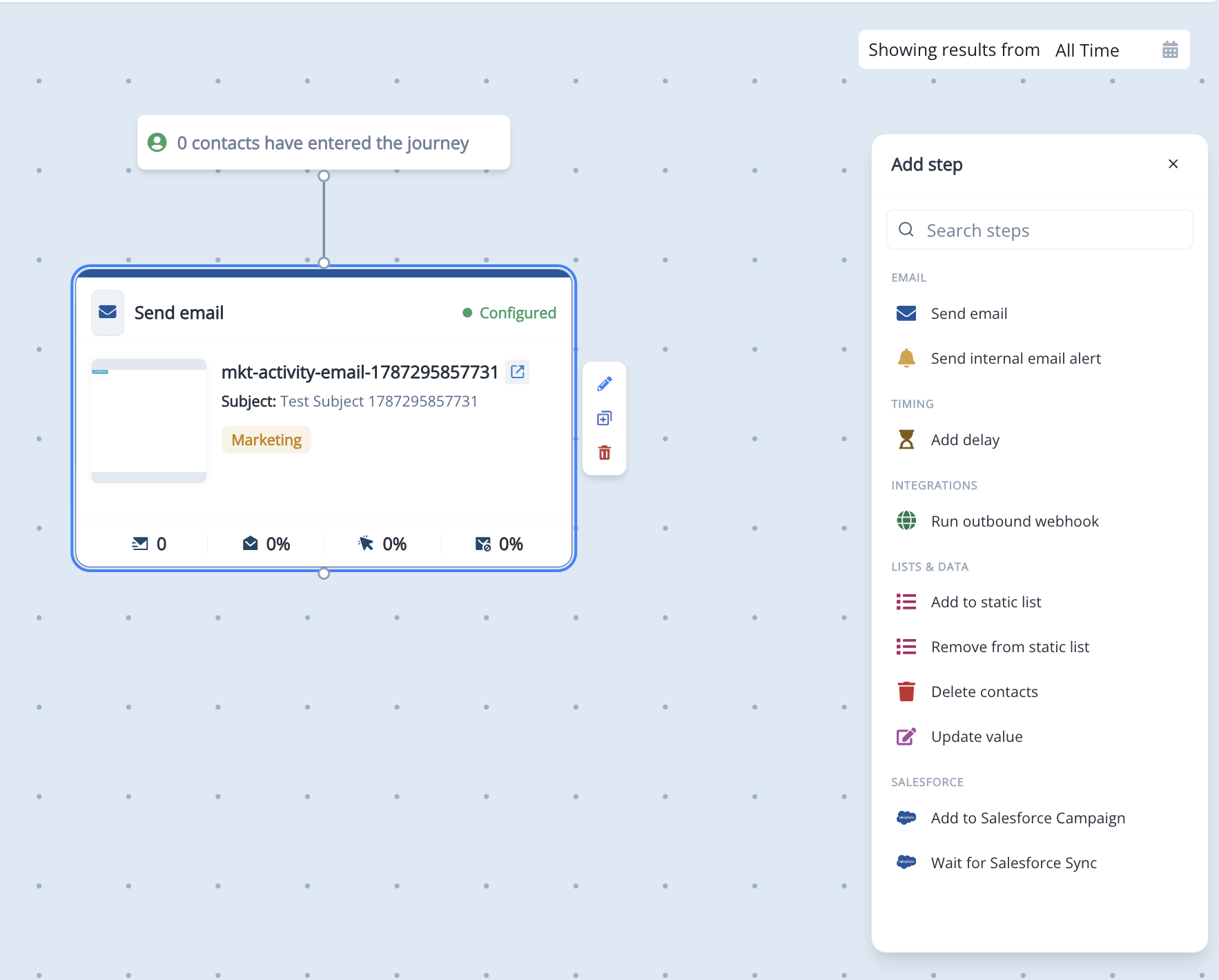 Add step menu on the Trigger Journey canvas showing the available flow steps