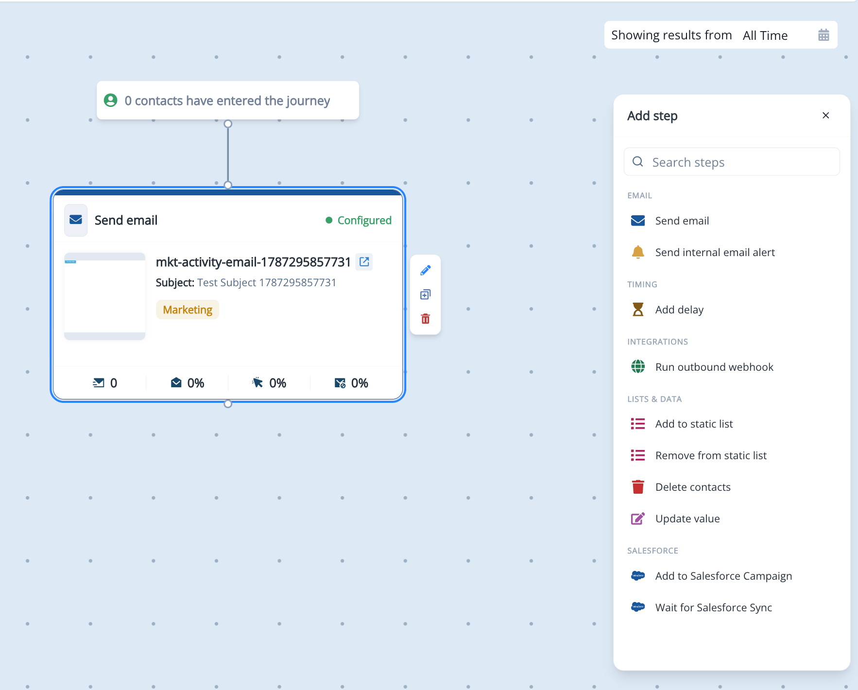 Add step menu on the Trigger Journey canvas showing the available flow steps