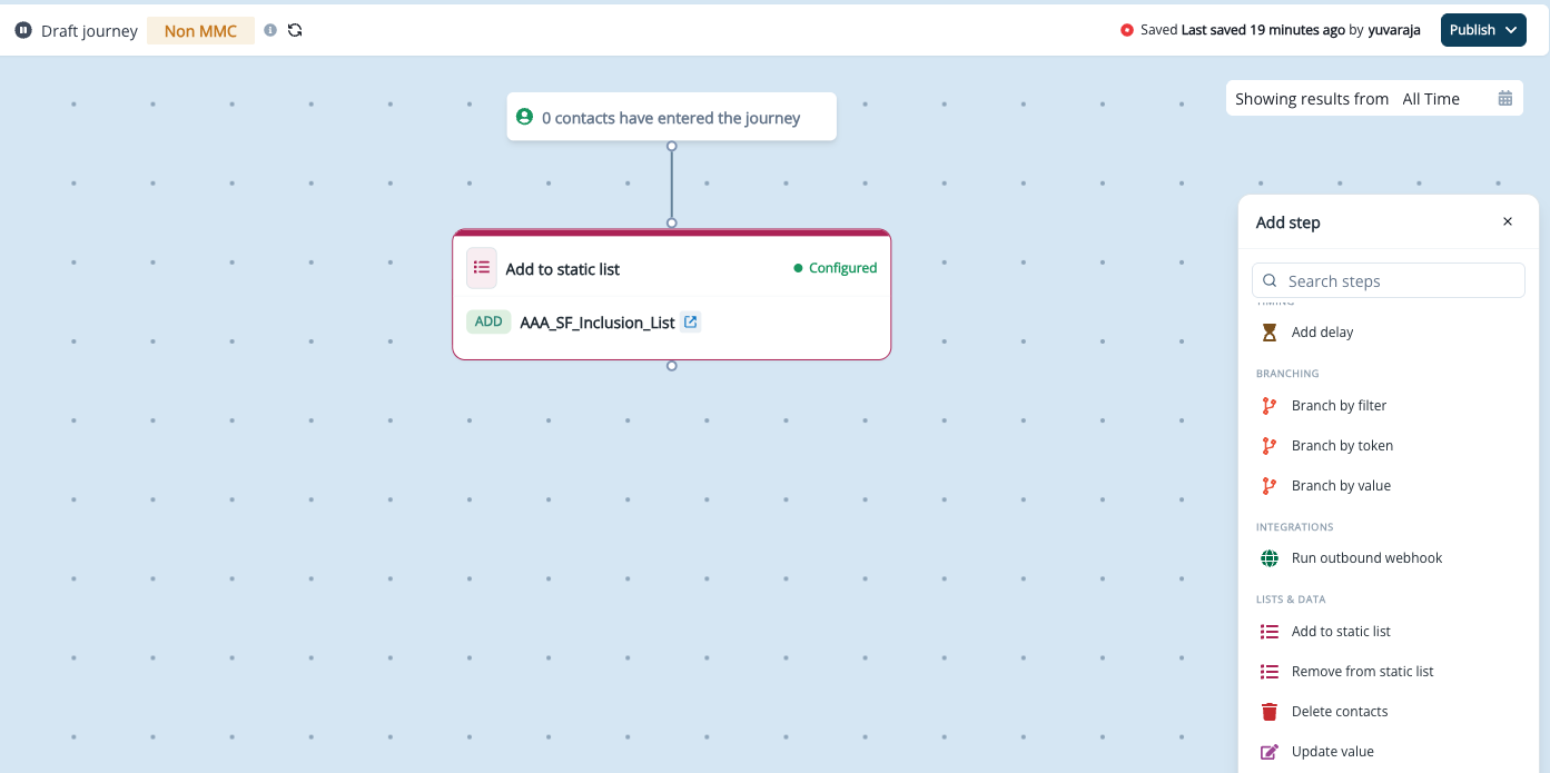 Add to static list step configured on the Trigger Journey canvas with the Add step panel open