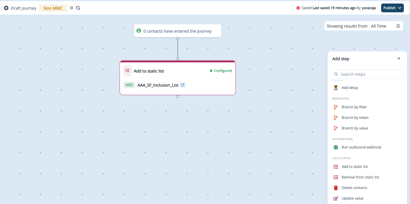 Add to static list step configured on the Trigger Journey canvas with the Add step panel open