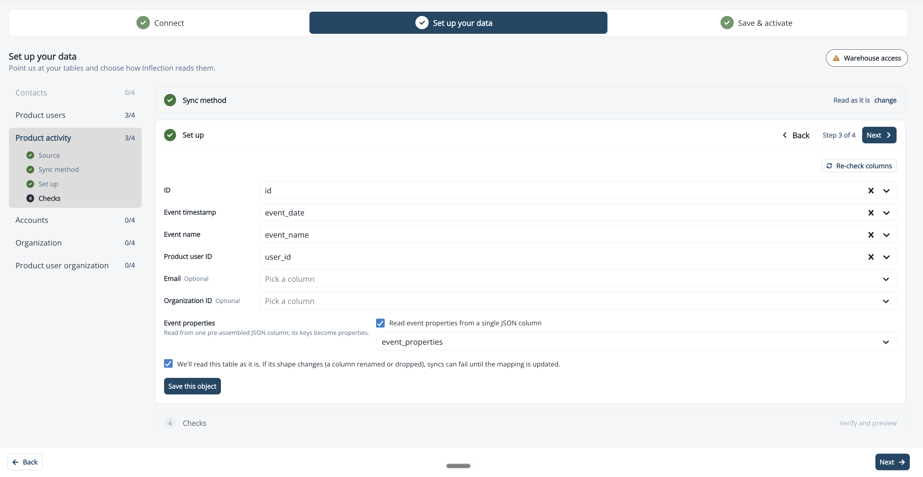 Product activity Set up stage with the required ID, Event timestamp, Event name, and Product user ID columns and the optional Email and Organization ID pickers