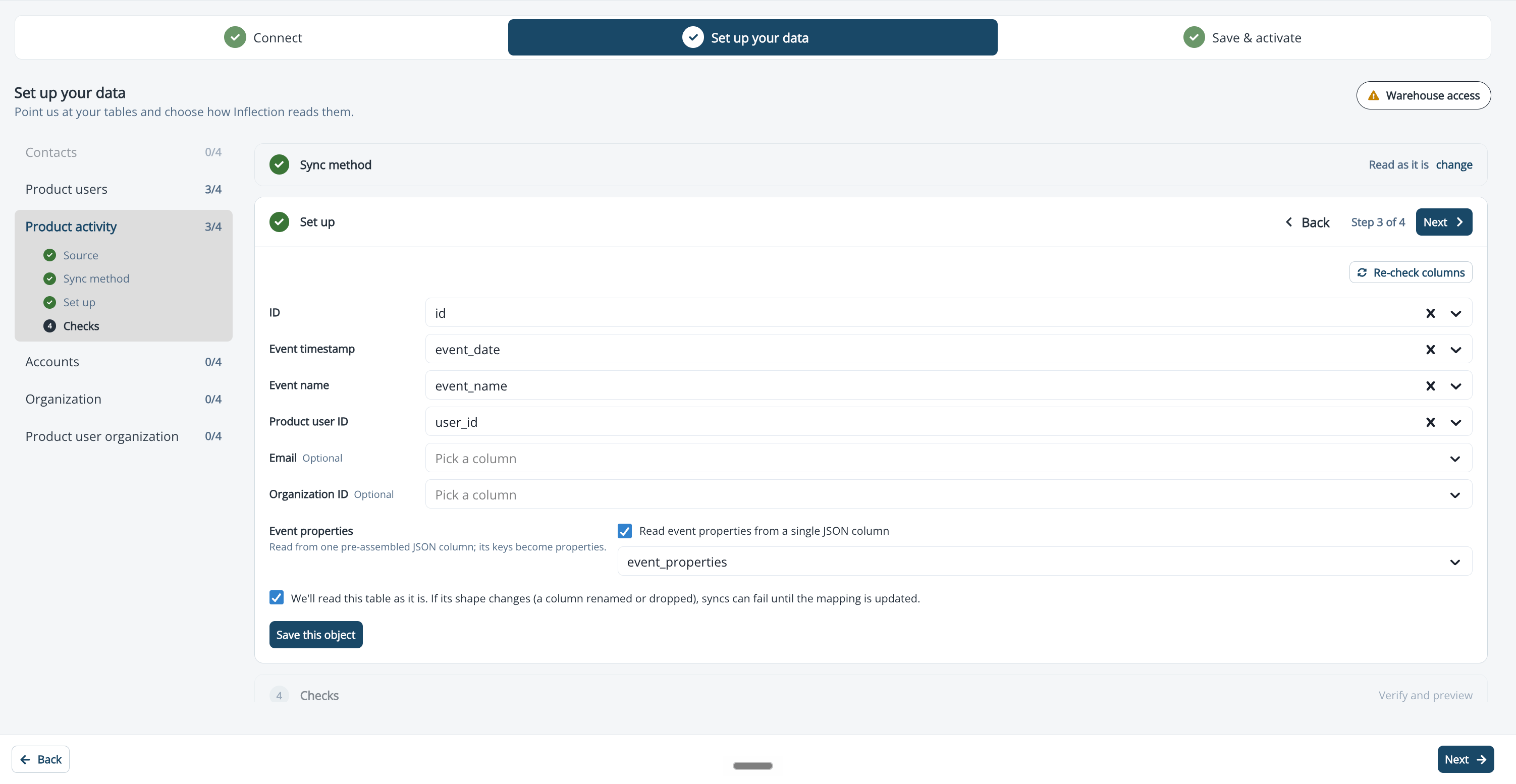 Product activity Set up stage with the required ID, Event timestamp, Event name, and Product user ID columns and the optional Email and Organization ID pickers