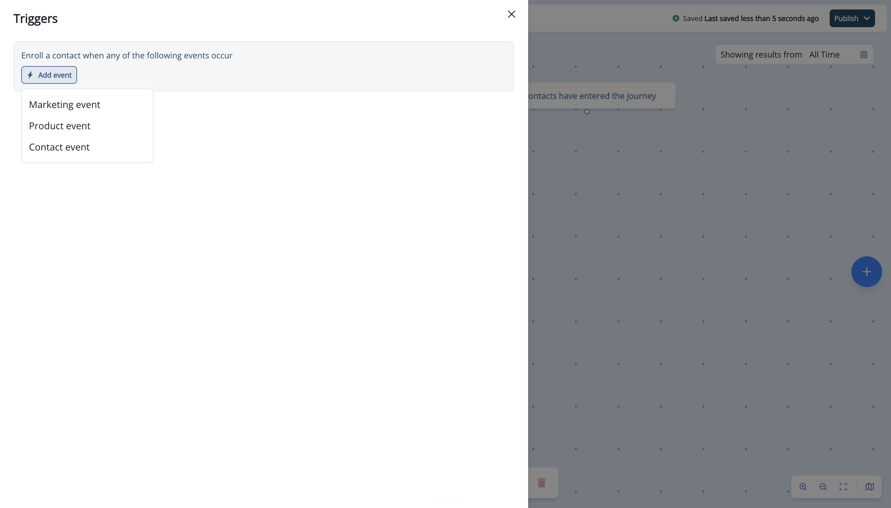Triggers panel with the Add event menu open, showing Marketing event, Product event, and Contact event