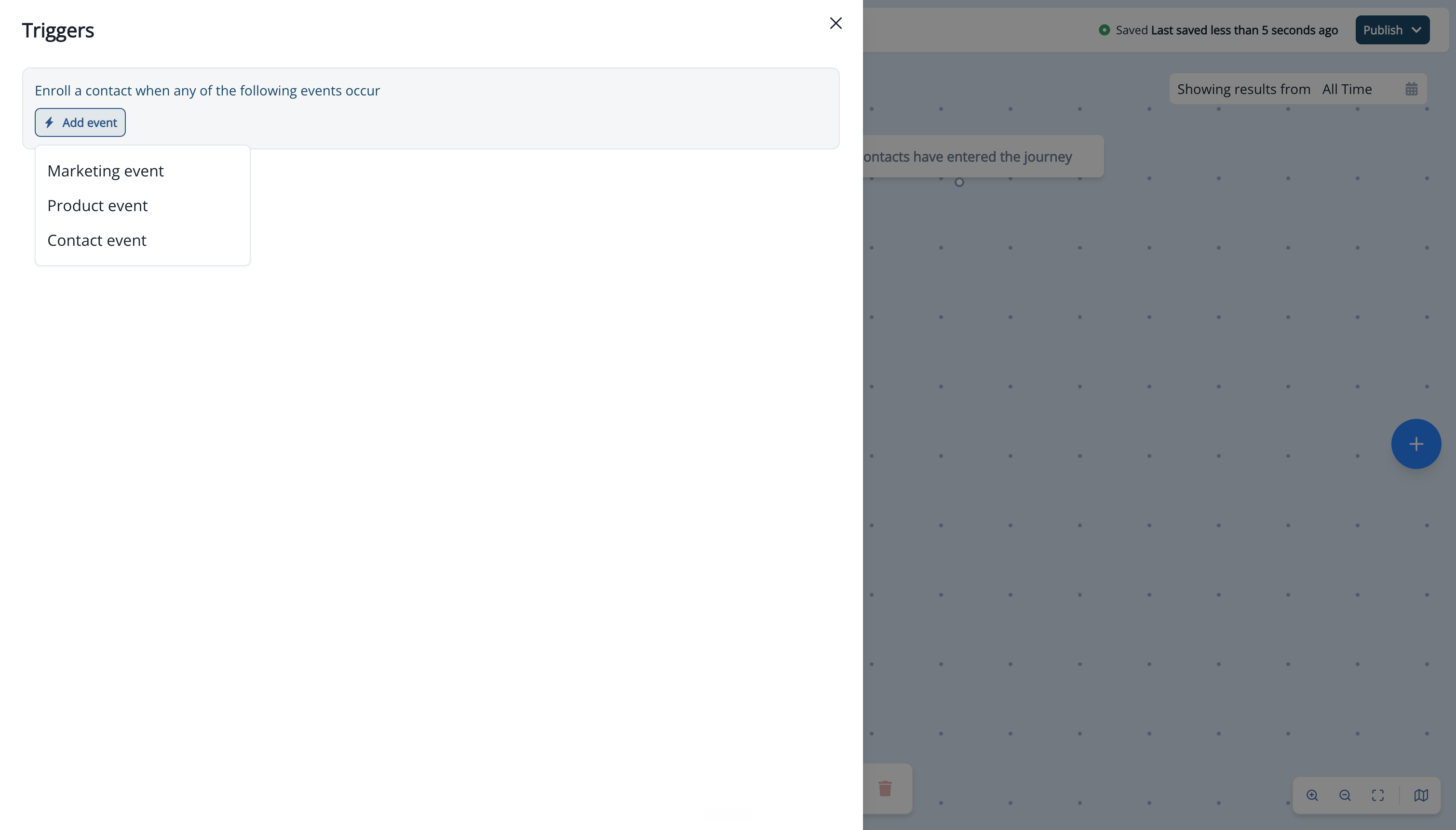 Triggers panel with the Add event menu open, showing Marketing event, Product event, and Contact event