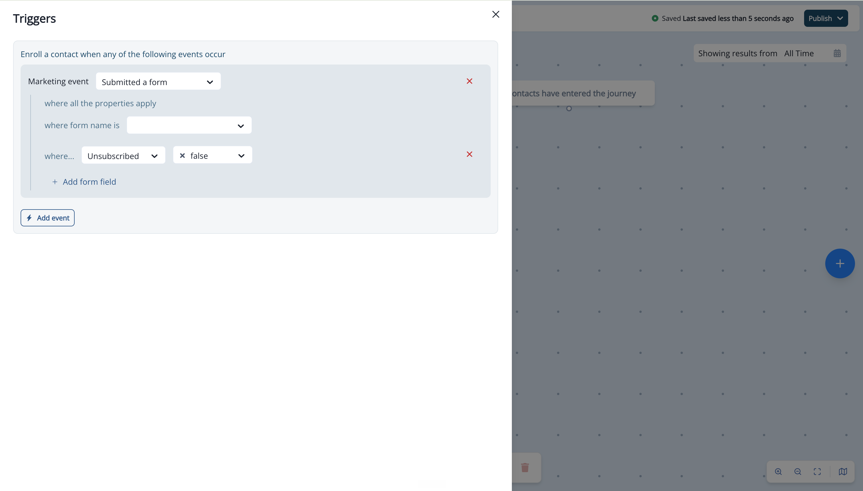 Submitted a form marketing event with a form selected and a form field condition added