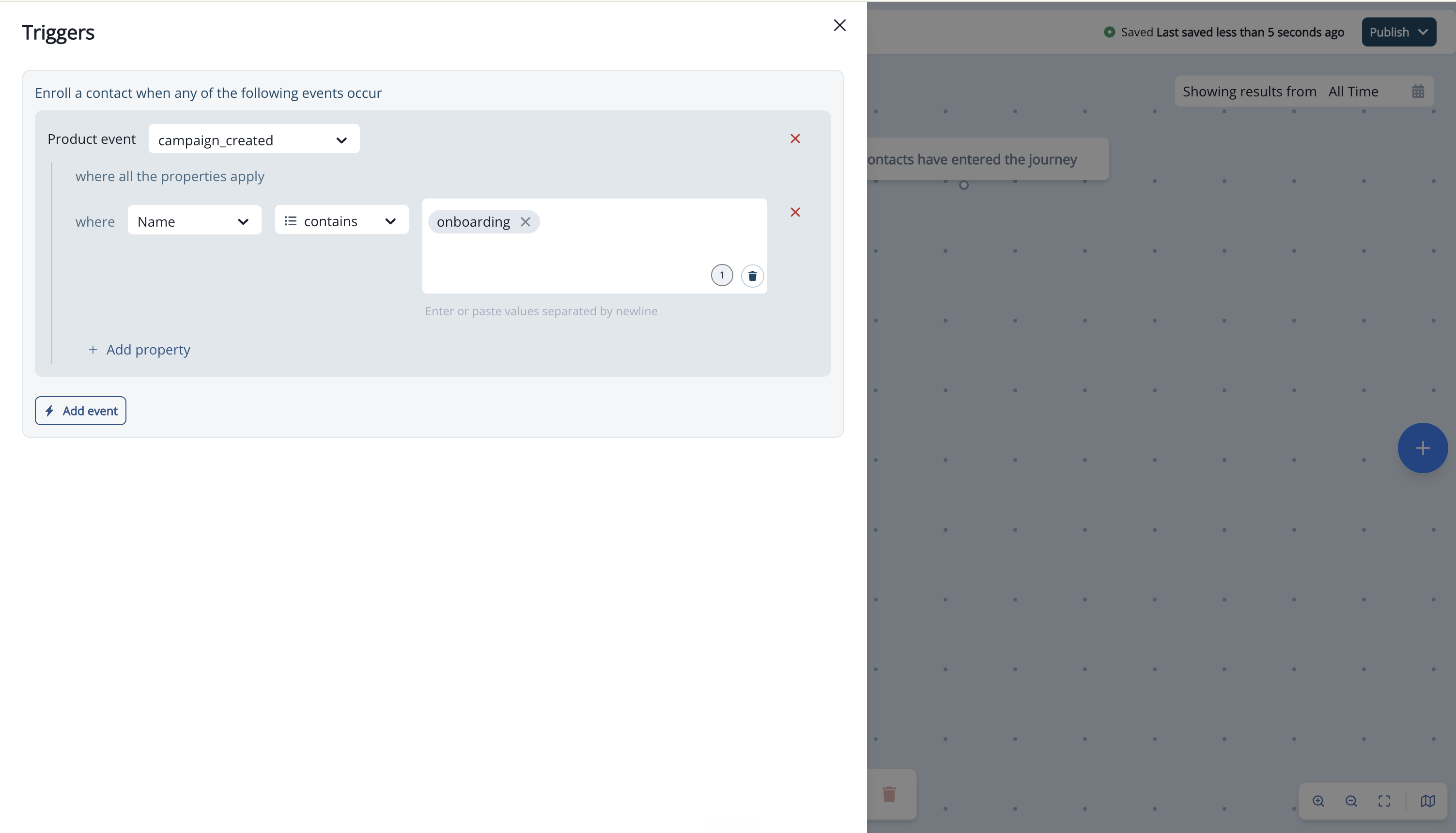 Product event trigger with an event selected and a property condition added
