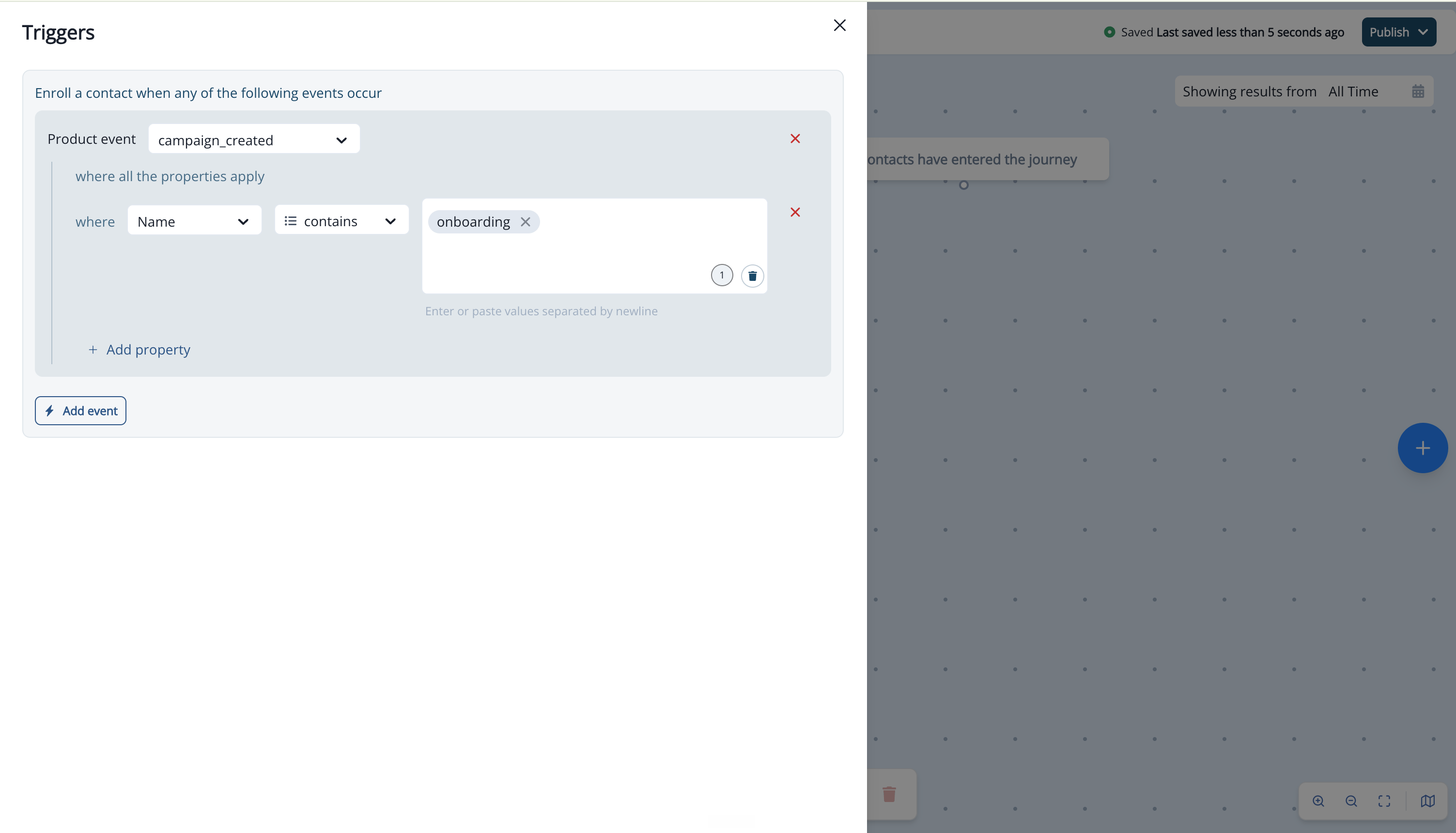 Product event trigger with an event selected and a property condition added