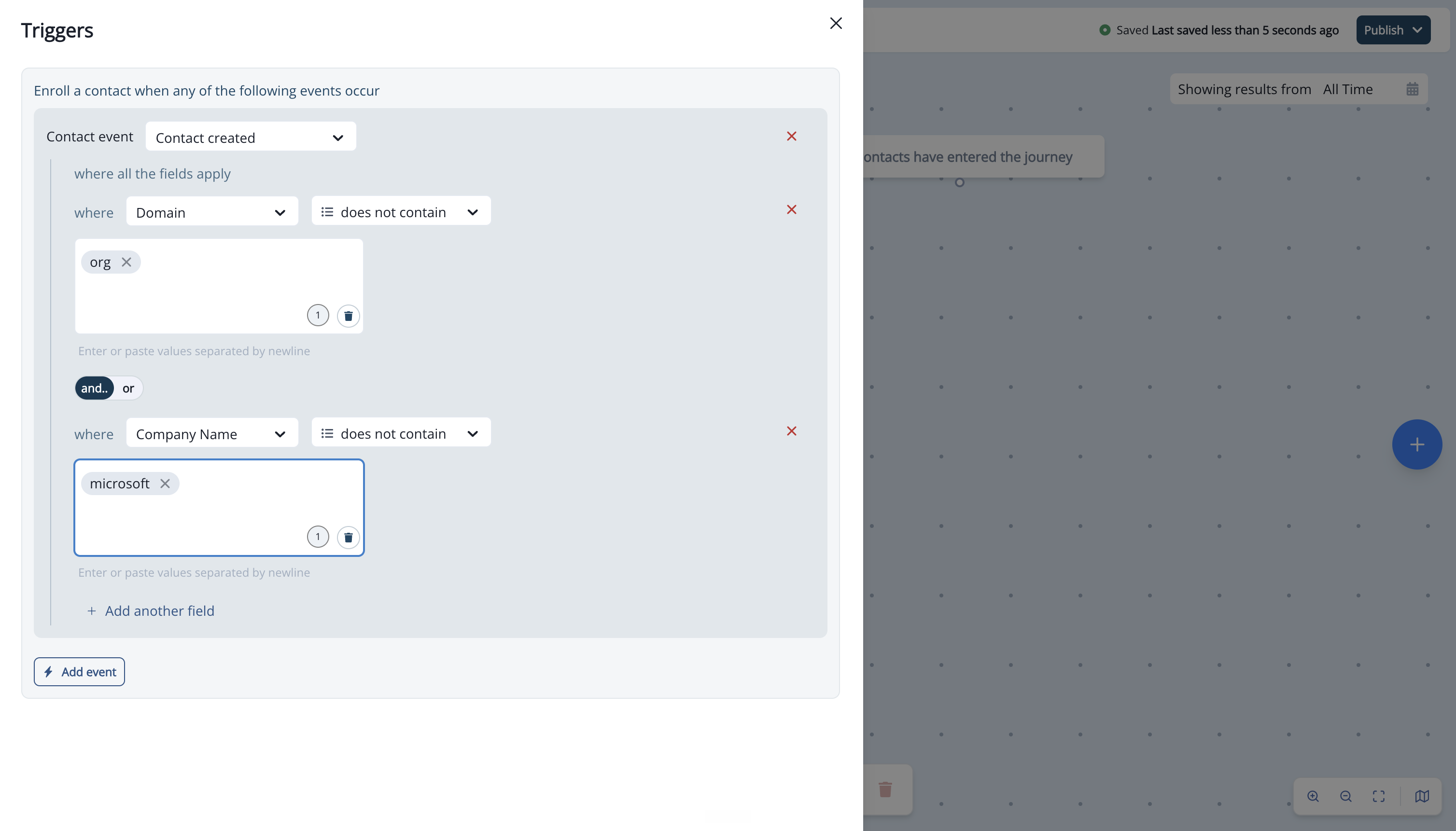 Contact created trigger with two contact field conditions combined using and
