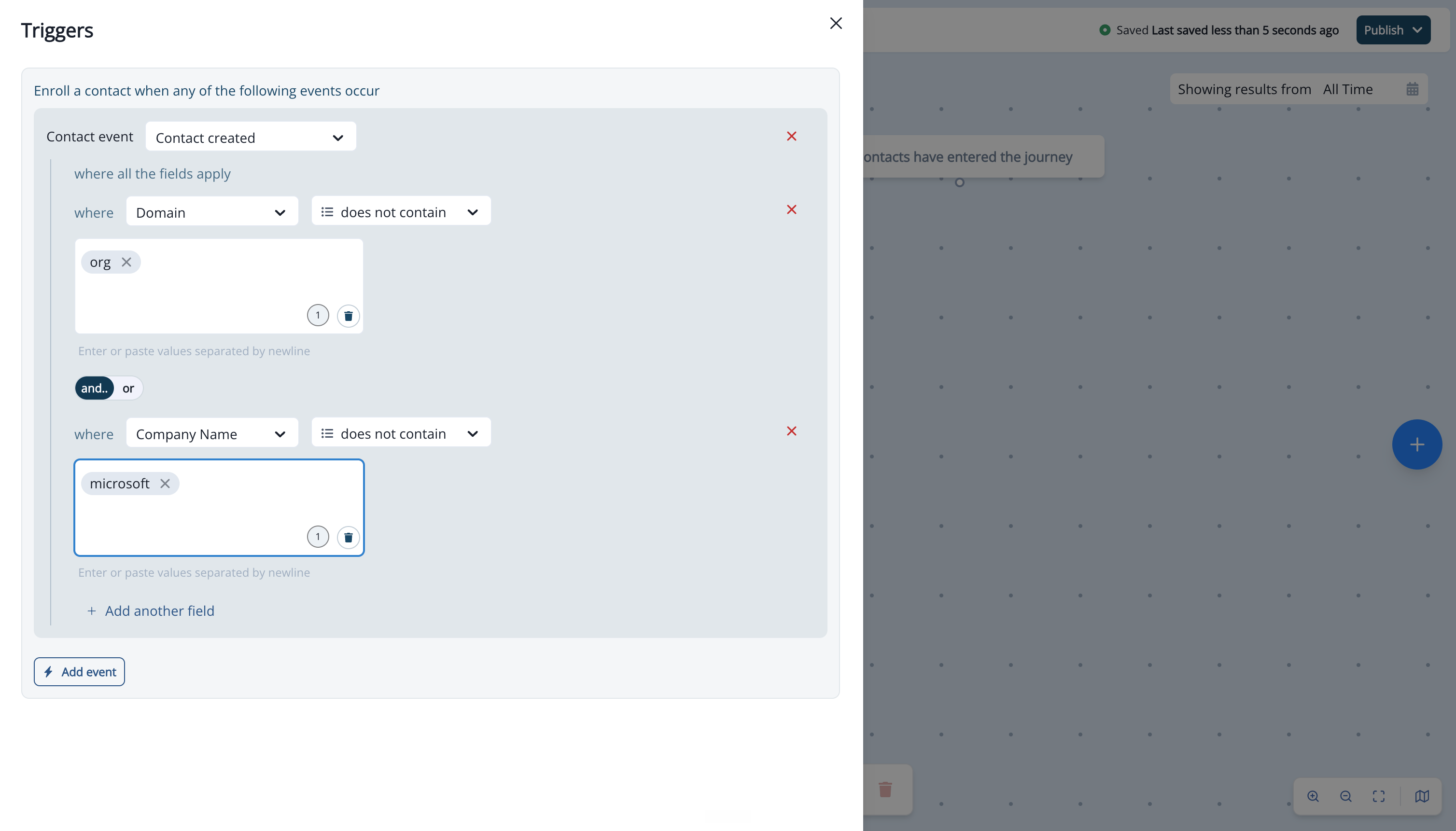 Contact created trigger with two contact field conditions combined using and