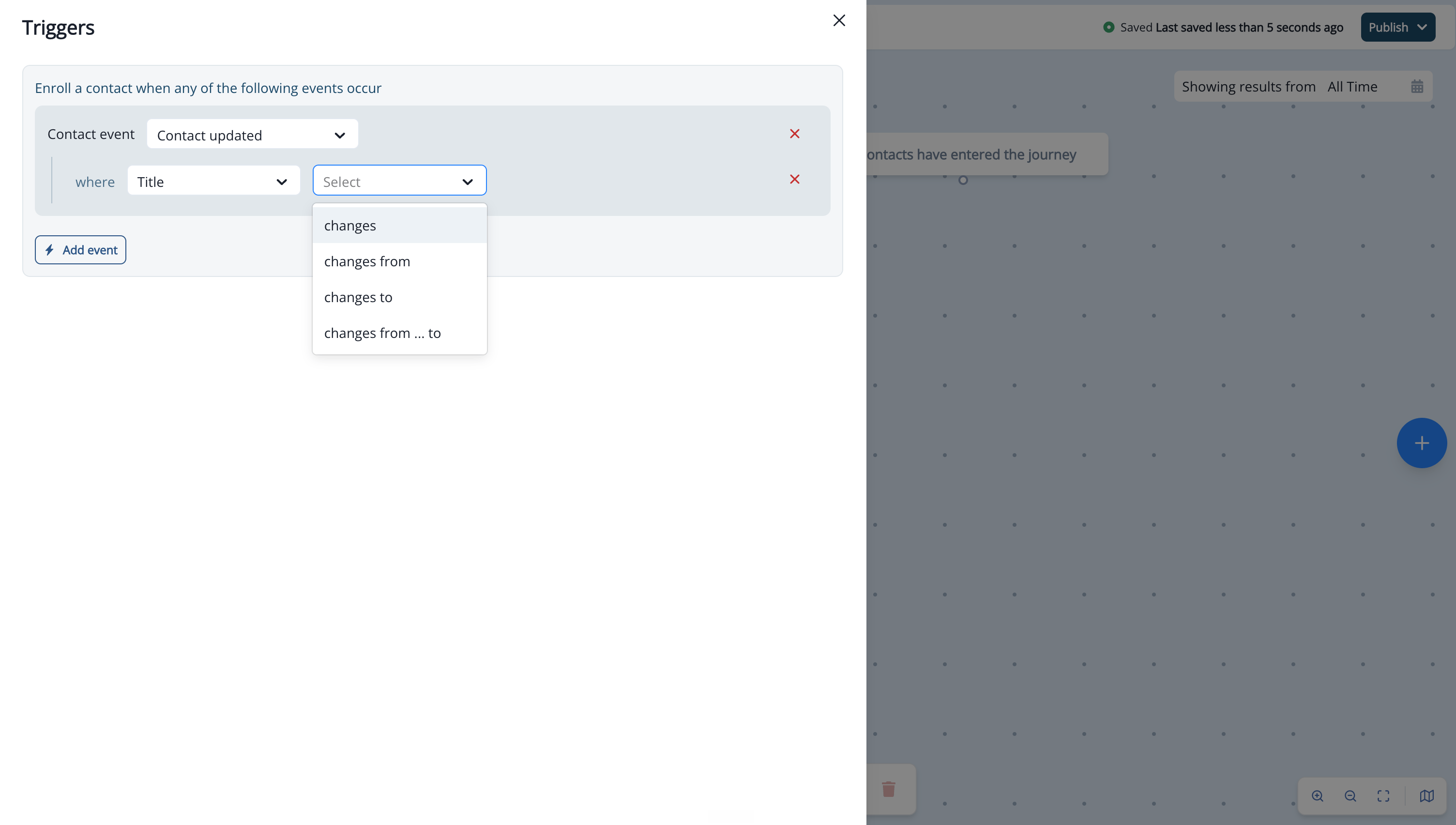 Contact updated trigger with the Title field selected and the operator dropdown open