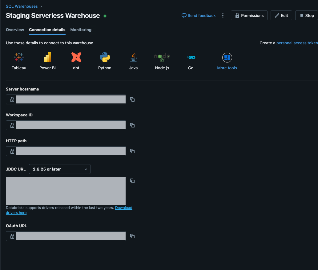 SQL warehouse Connection details tab showing Server hostname and HTTP path