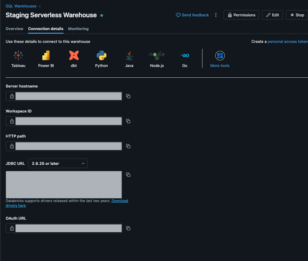 SQL warehouse Connection details tab showing Server hostname and HTTP path