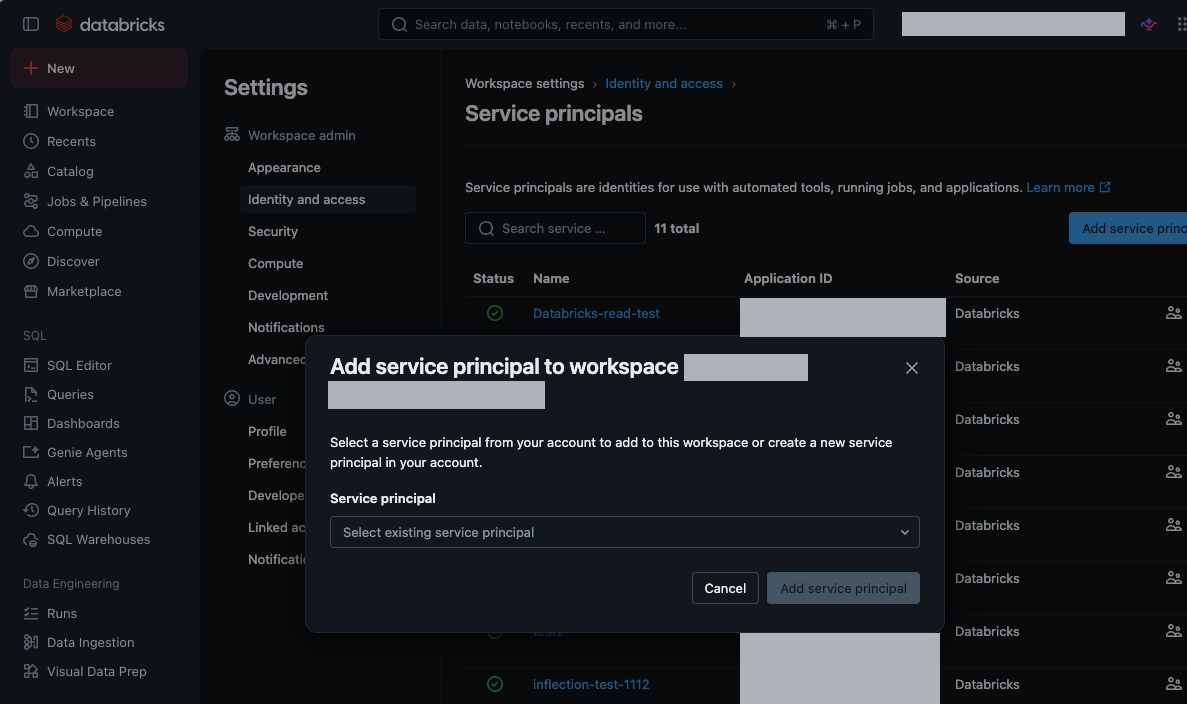 Databricks Service principals list with the Add service principal dialog
