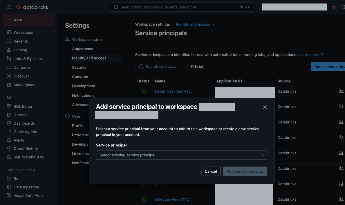 Databricks Service principals list with the Add service principal dialog