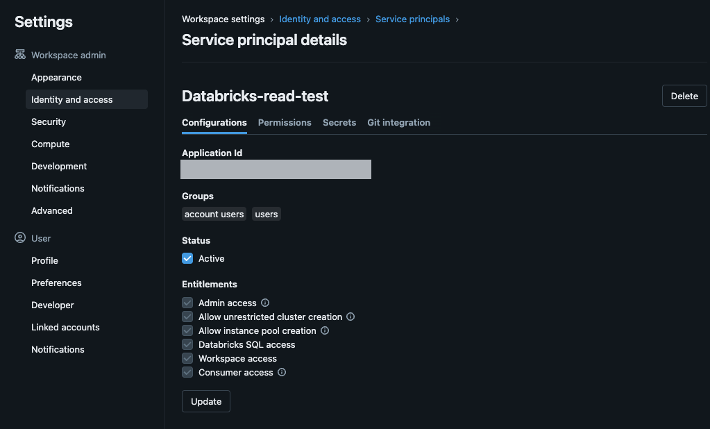 Service principal details page showing the Application Id and the Secrets tab