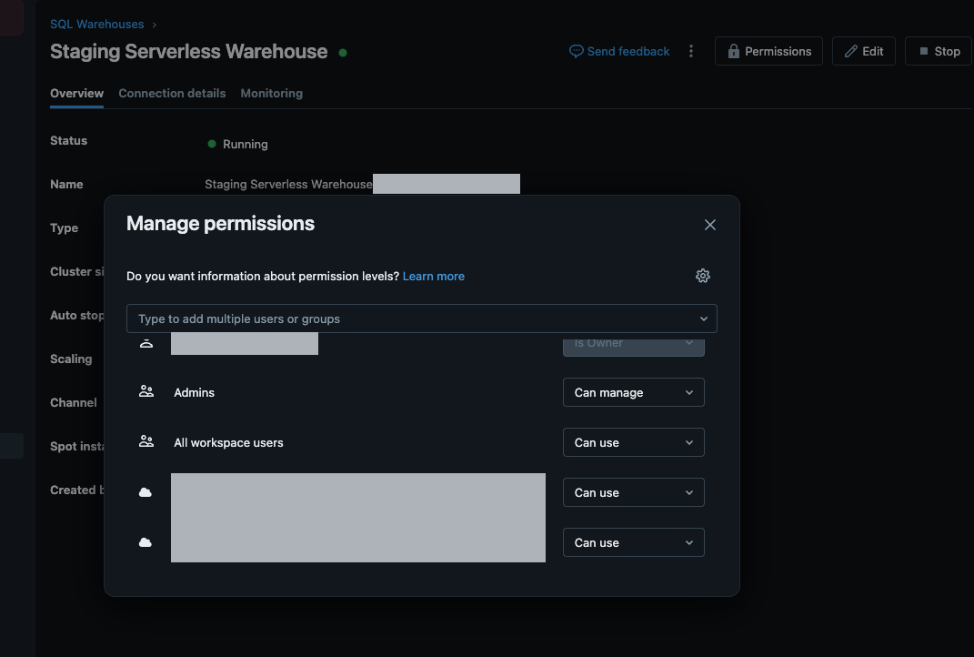 SQL warehouse Manage permissions dialog with service principals added as Can use