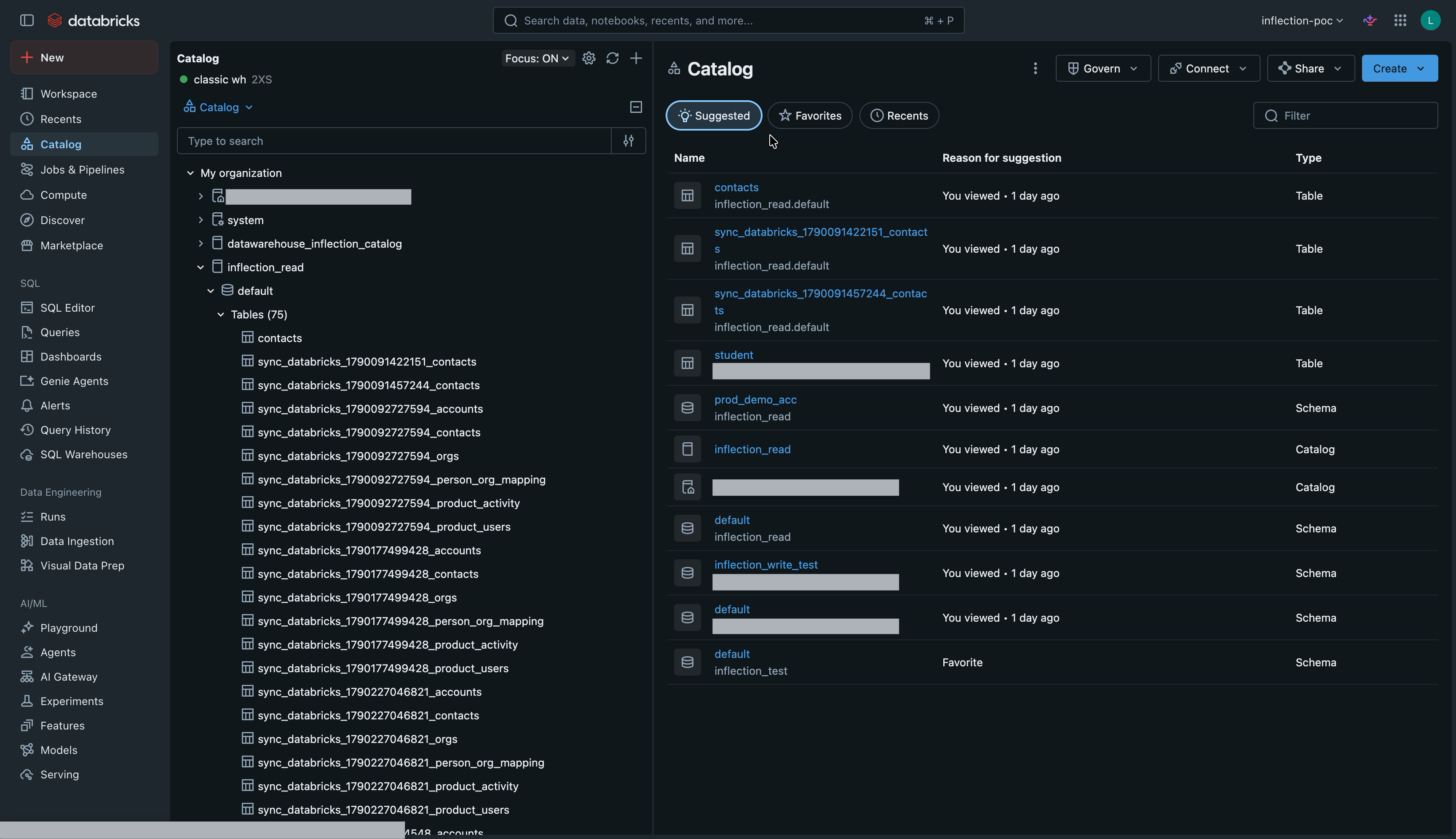 Databricks Catalog explorer with a catalog expanded to its schemas and tables