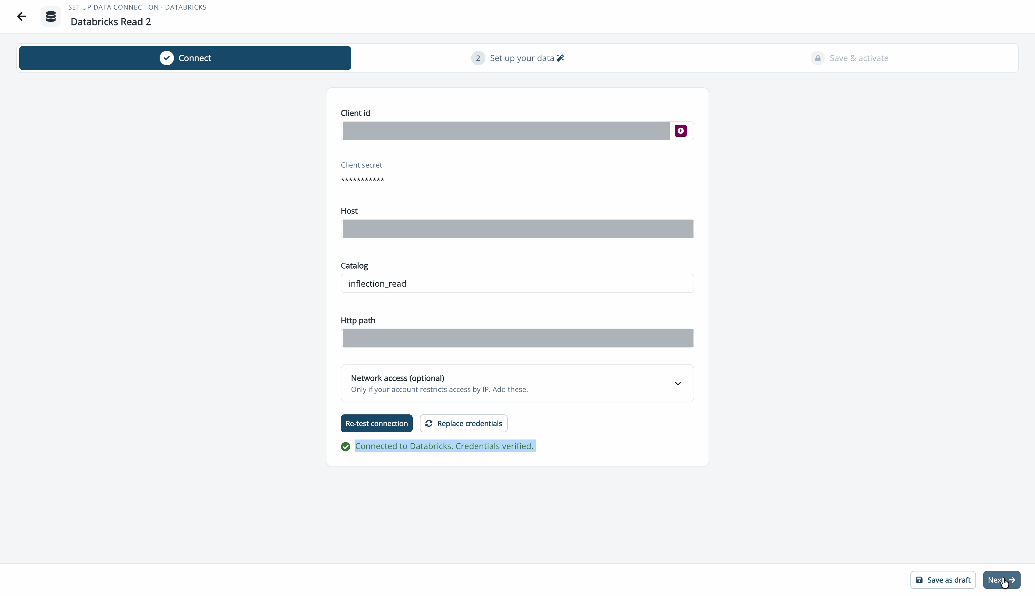 Connect step for Databricks with credentials verified