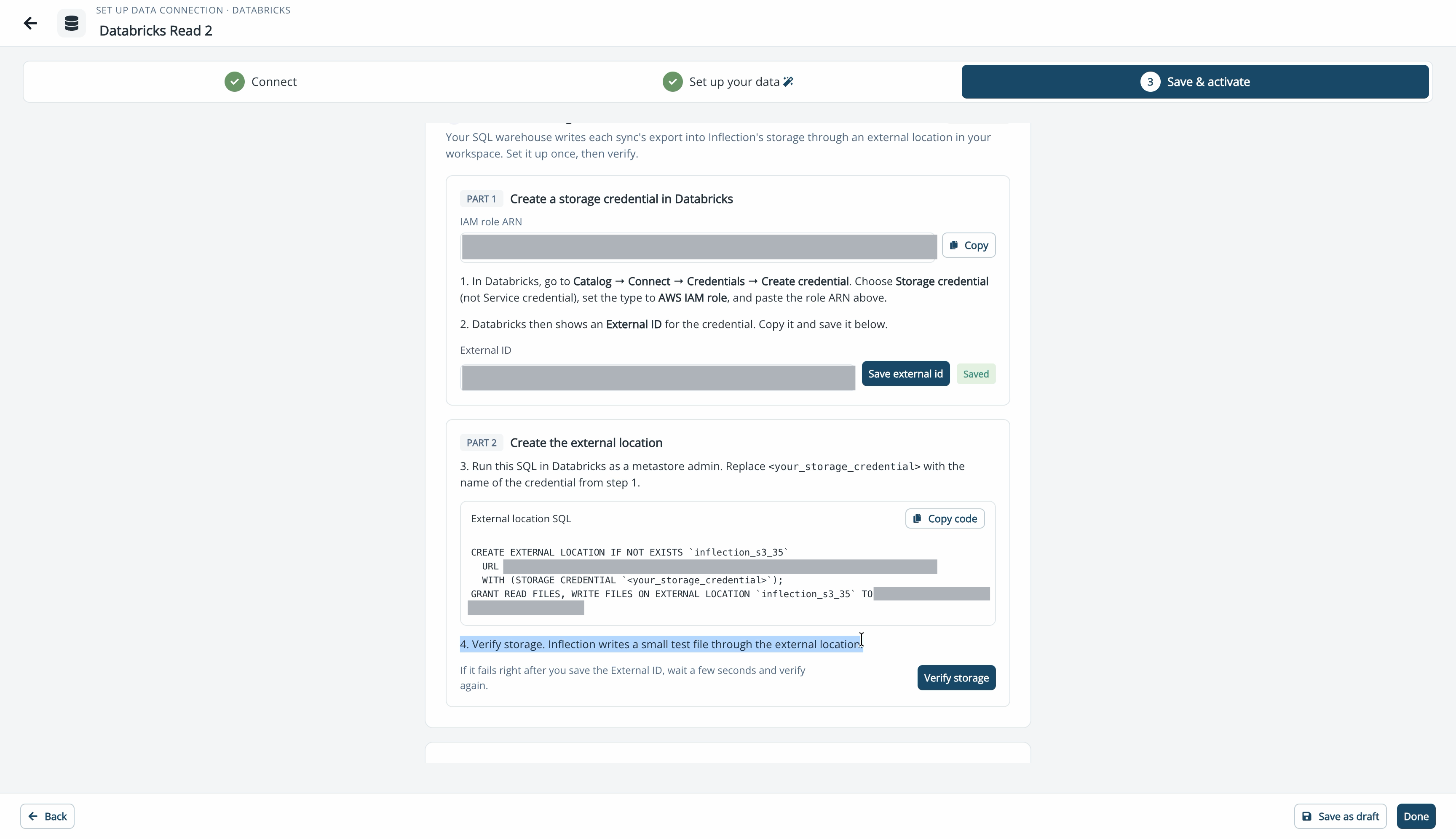 Databricks storage card on Save & activate with the IAM role ARN, External ID, and External location SQL