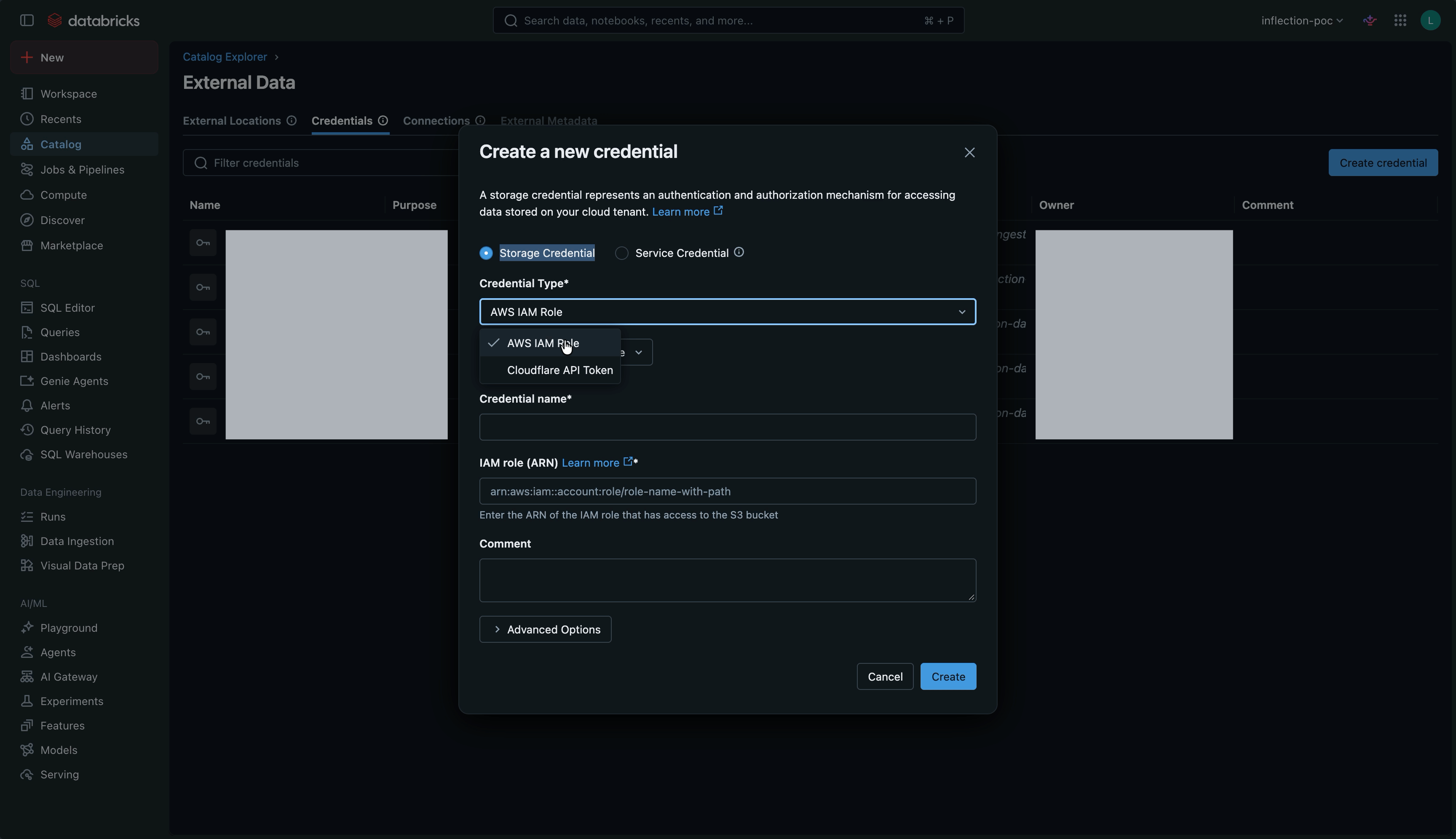 Databricks Create a new credential dialog with Storage Credential and AWS IAM Role selected