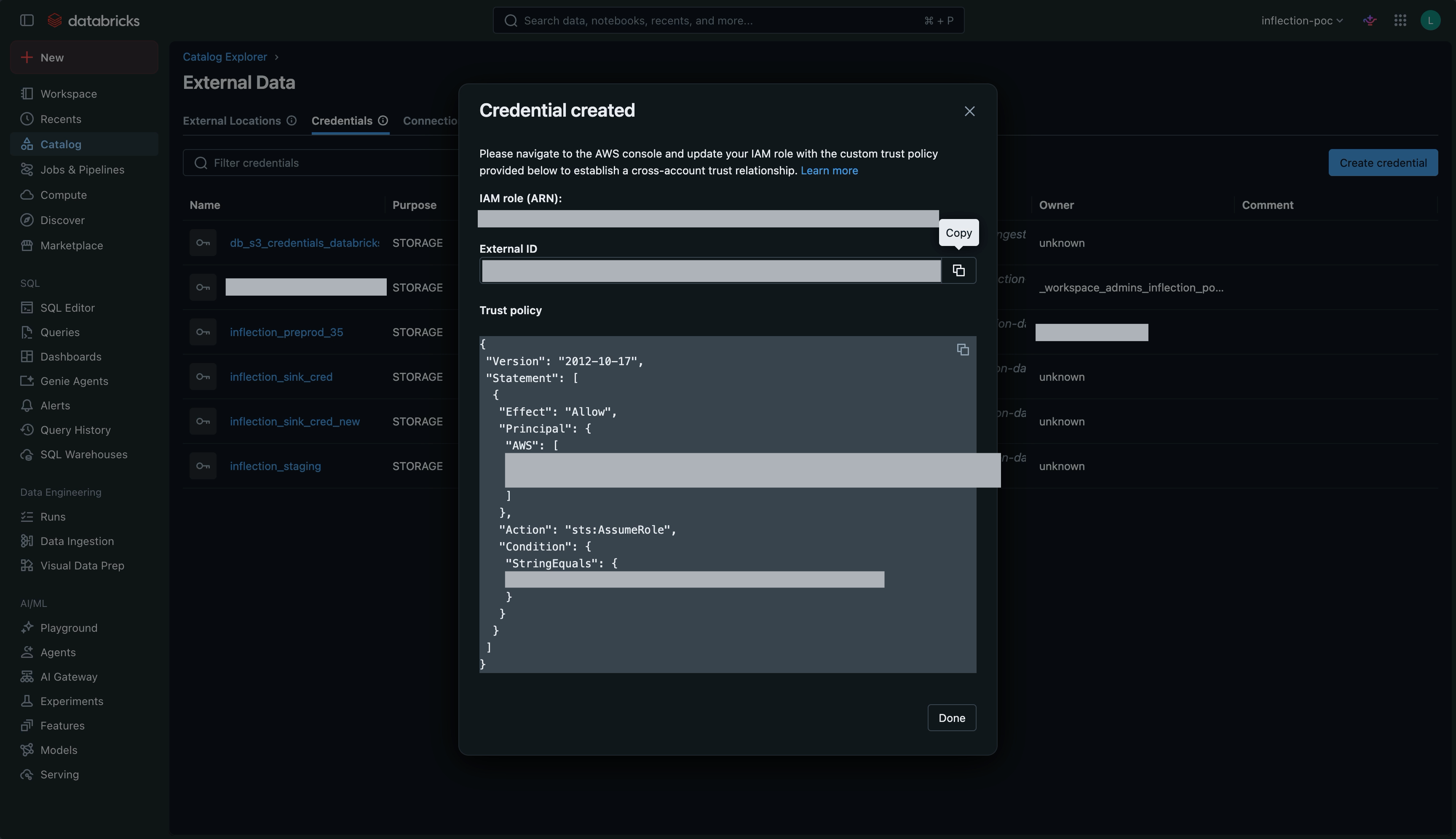 Databricks Credential created dialog with the External ID