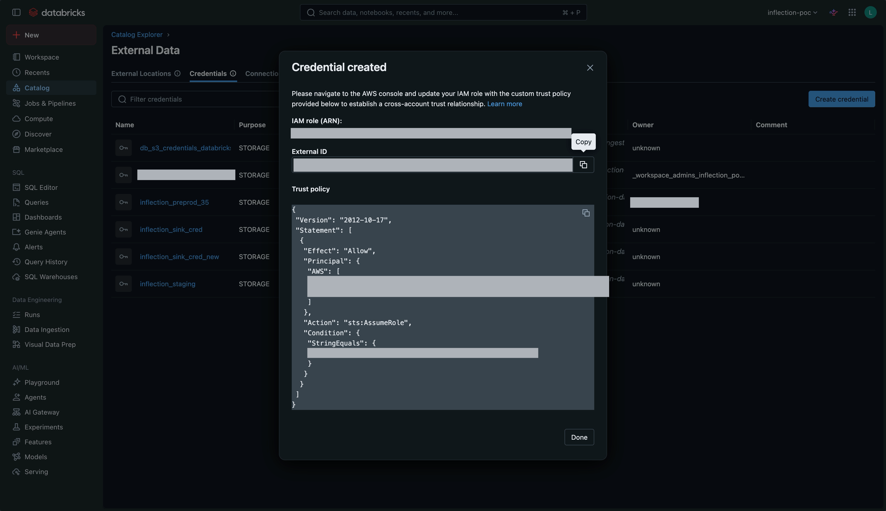 Databricks Credential created dialog with the External ID