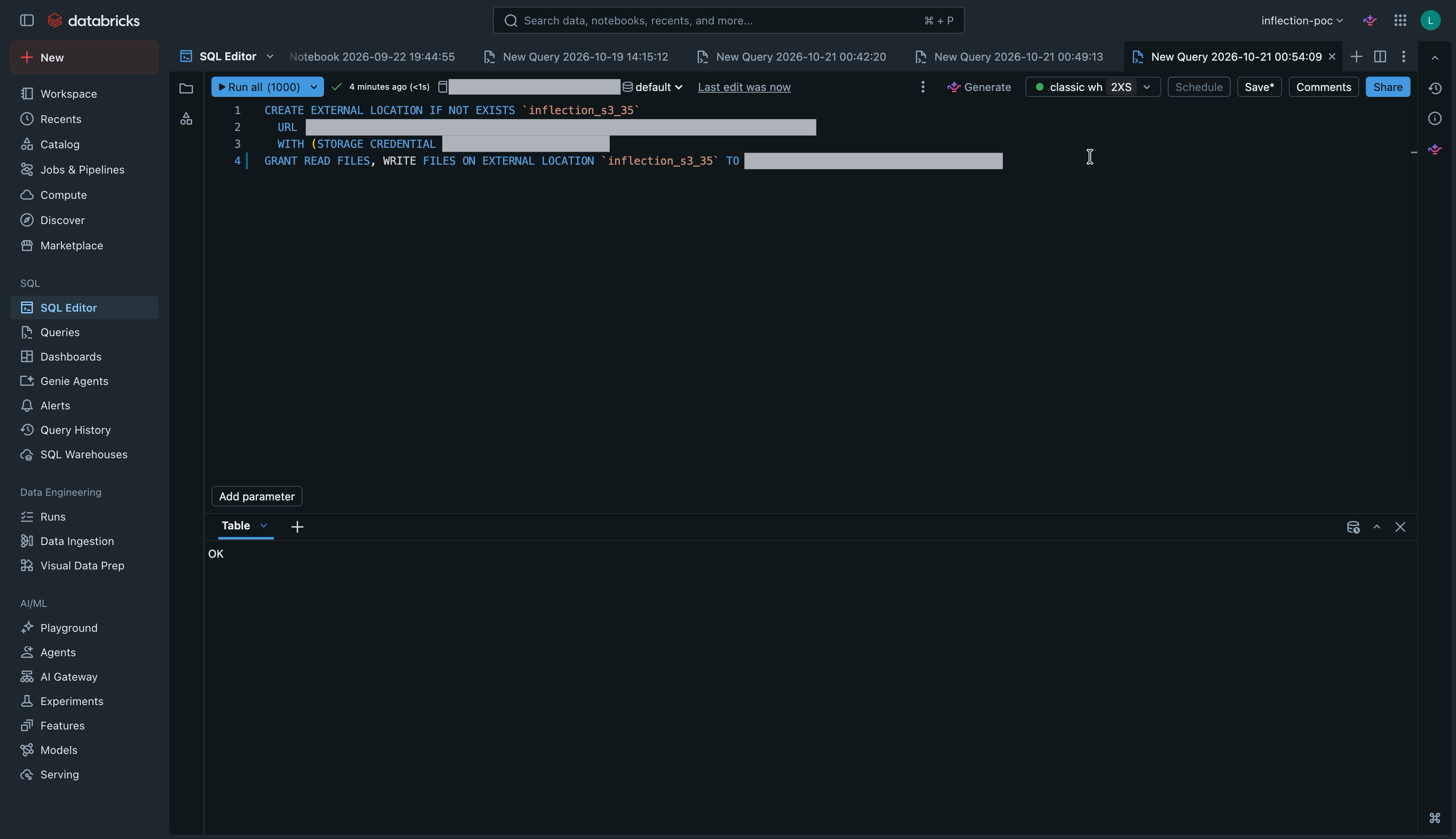 External location SQL run in the Databricks SQL Editor with an OK result
