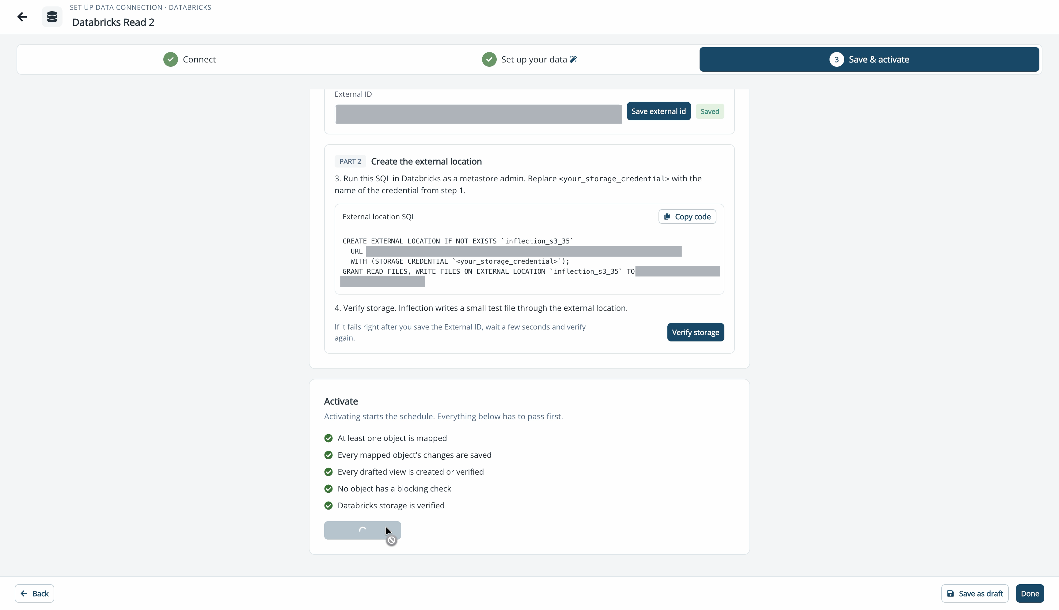 Databricks storage verified and the Activate checklist on Save & activate