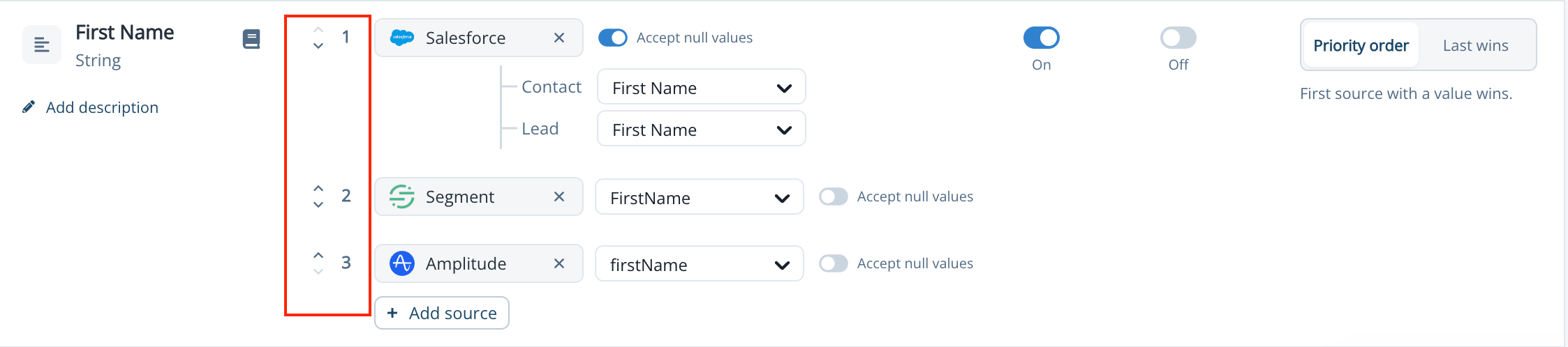 A field mapped to Salesforce, Segment, and Amplitude with reorder arrows next to each source number