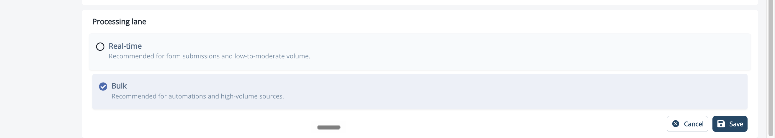 The Processing lane selector on the connection settings form, with Real-time and Bulk options and their recommended use descriptions