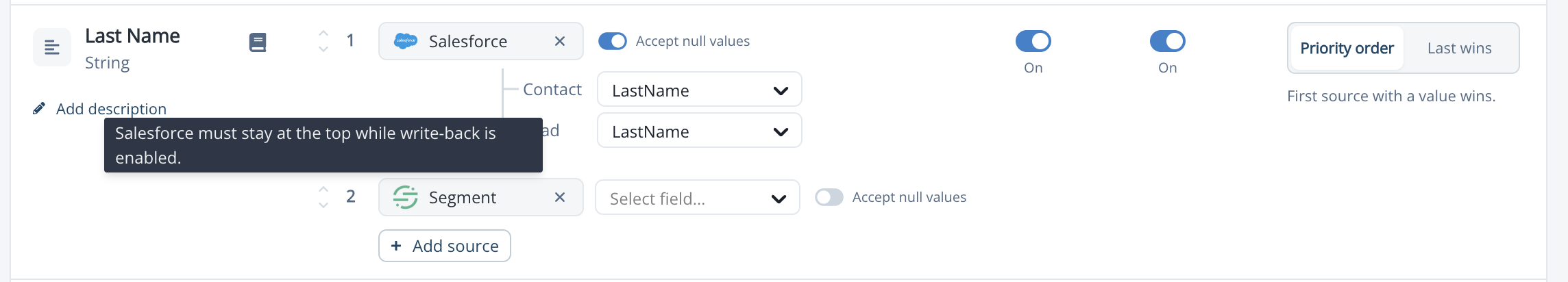 A field with write back enabled showing the message that Salesforce must stay at the top of the priority order