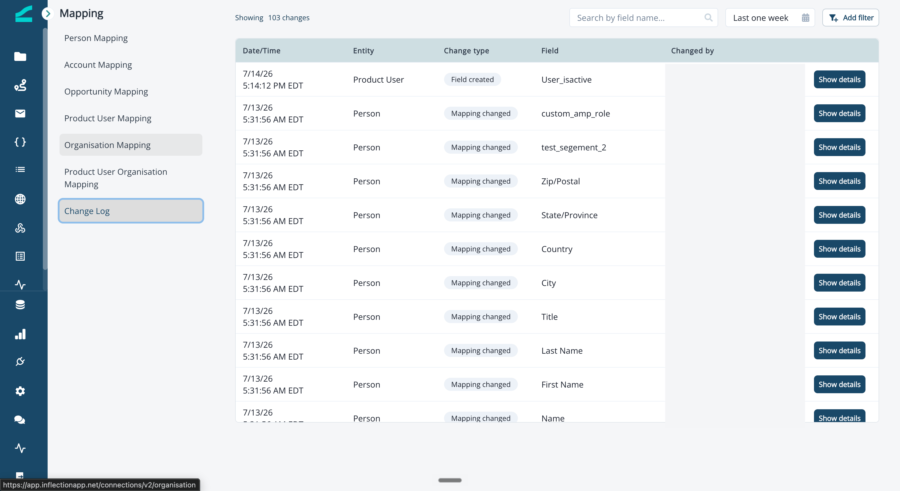 Change Log tab listing mapping changes with date, entity, change type, field, and who changed it