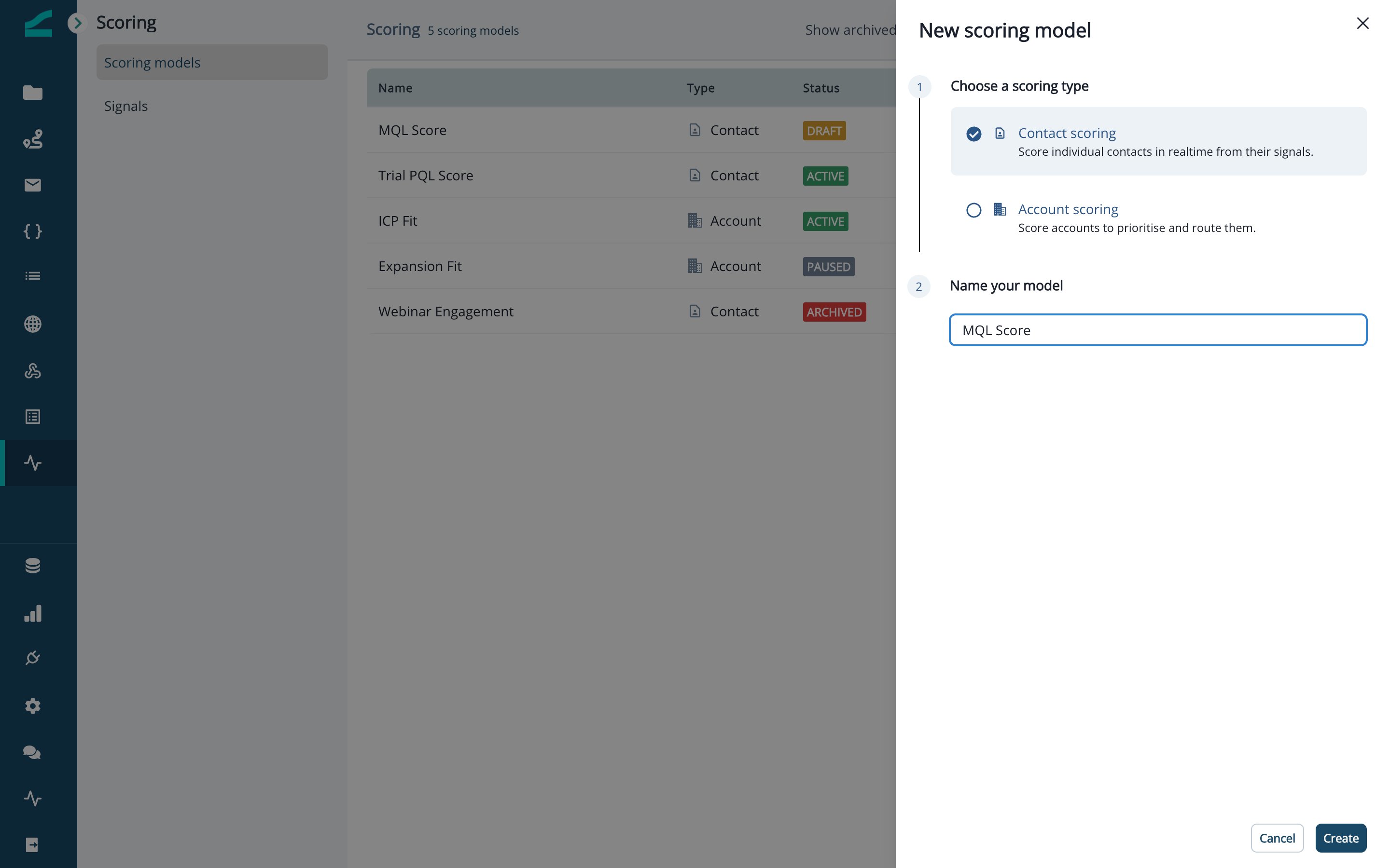 New scoring model drawer with Contact scoring selected and the model name entered