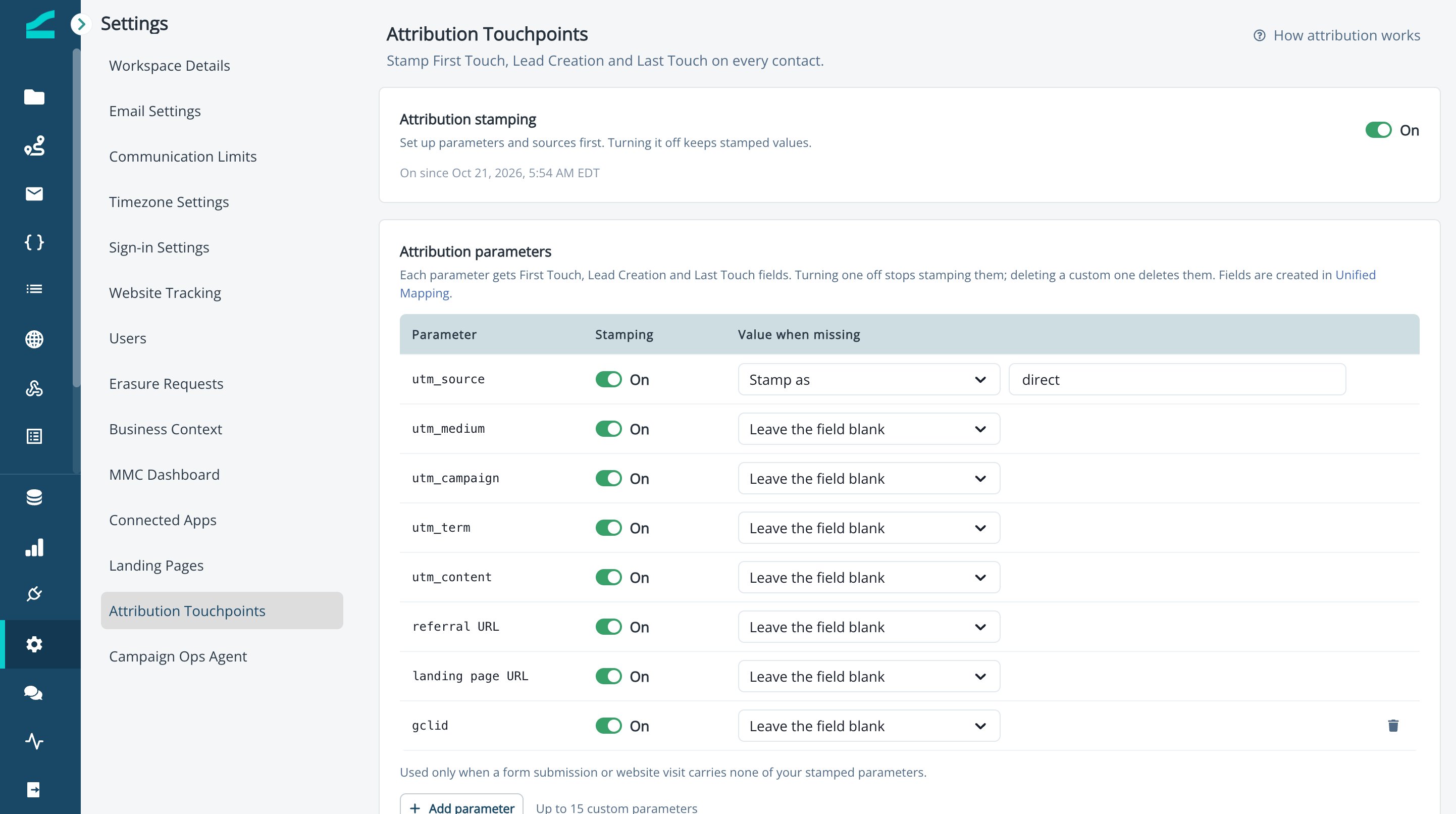 Attribution Touchpoints settings page with the Attribution stamping and Attribution parameters cards