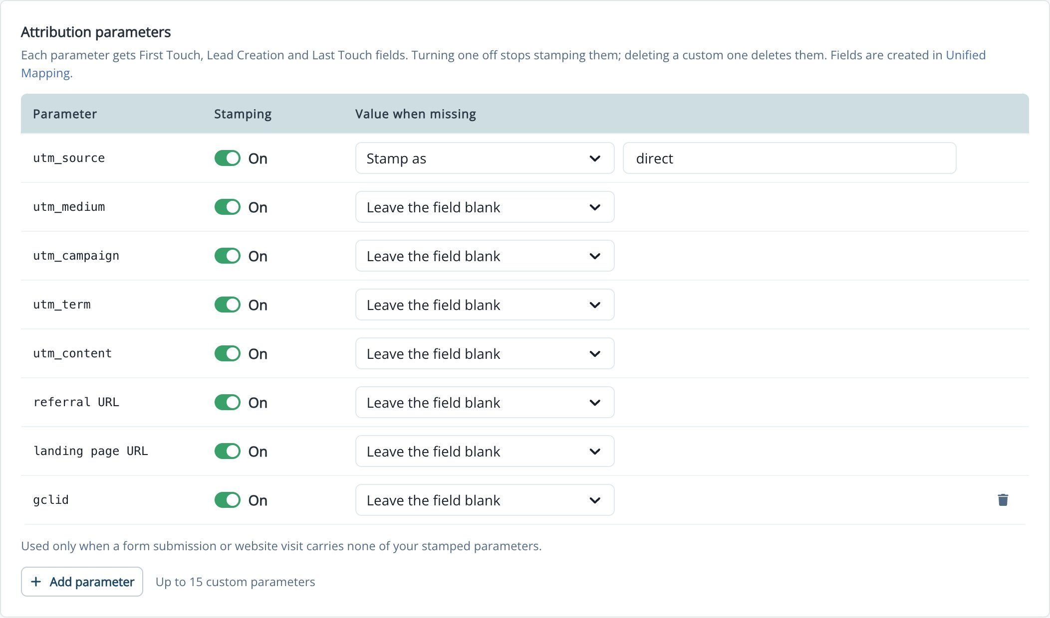 Attribution parameters card with Stamping switches and Value when missing options
