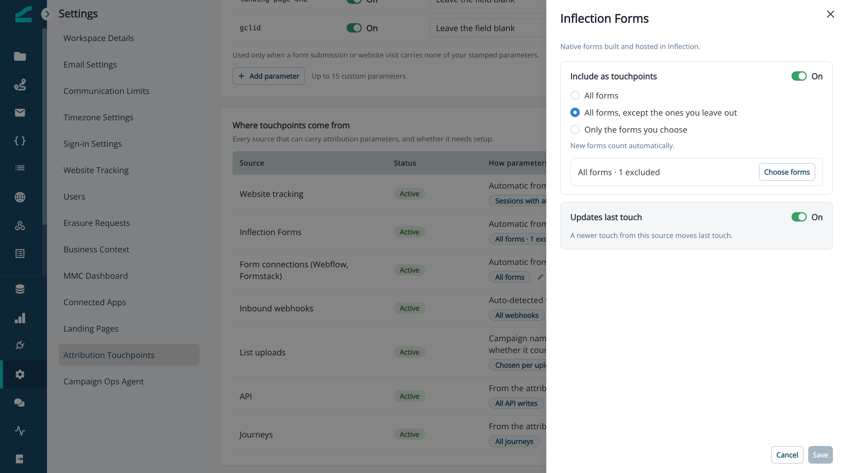 Inflection Forms panel with Include as touchpoints scope options and Updates last touch switch