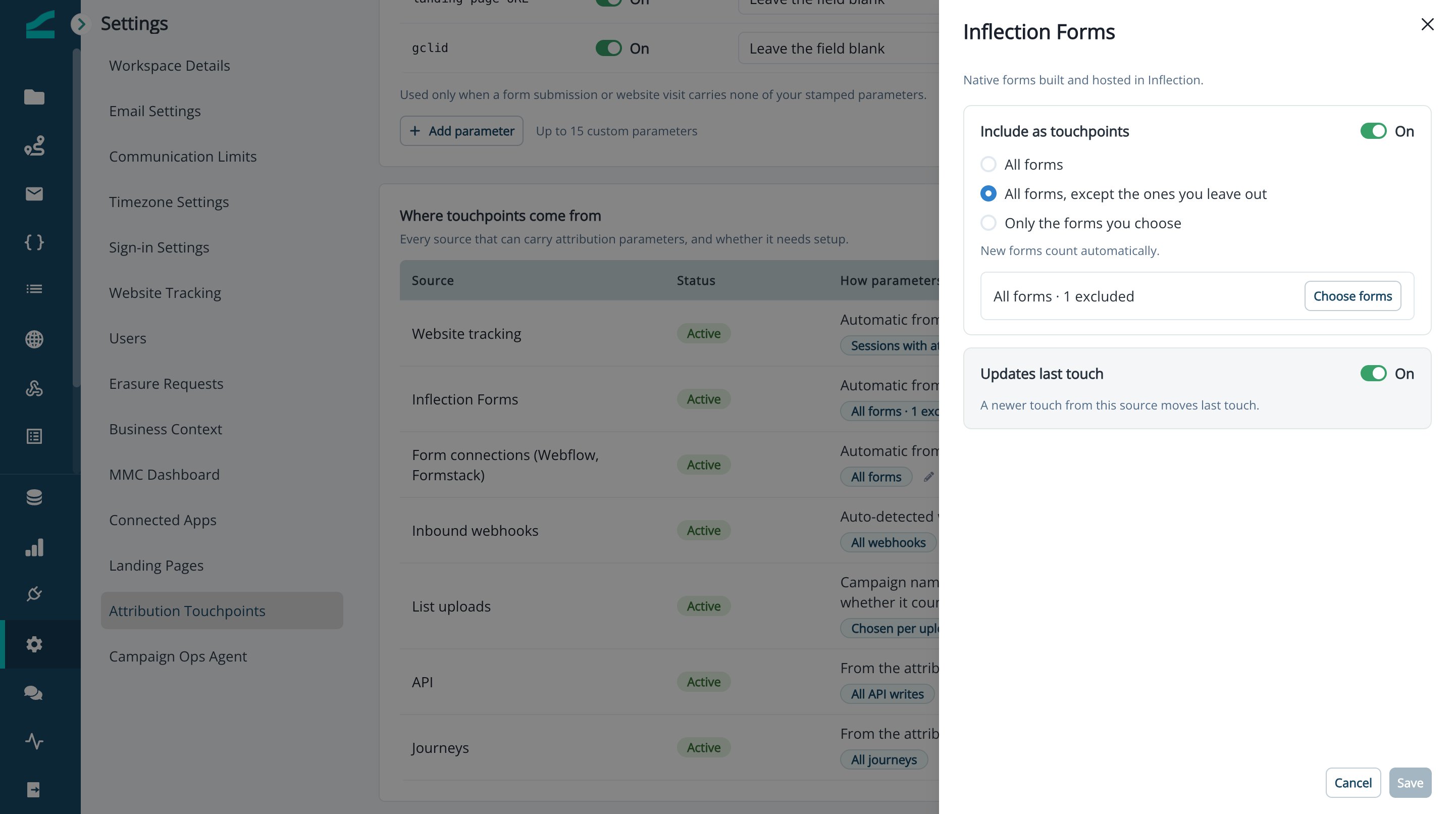 Inflection Forms panel with Include as touchpoints scope options and Updates last touch switch