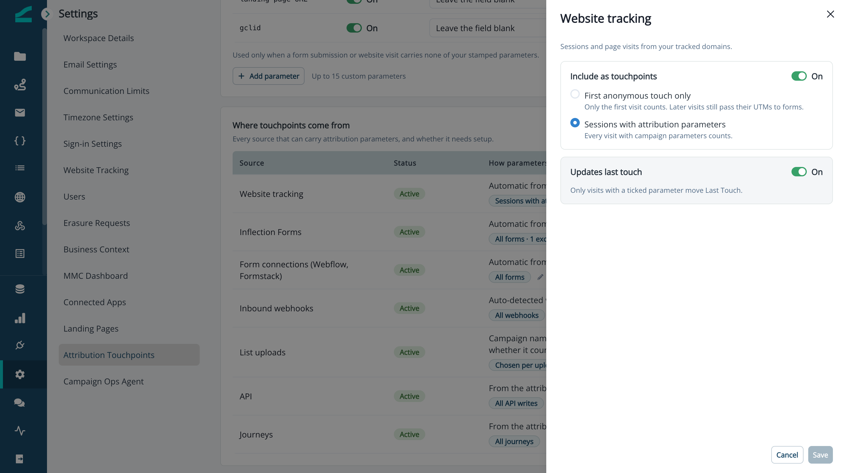 Website tracking panel with the First anonymous touch only and Sessions with attribution parameters options